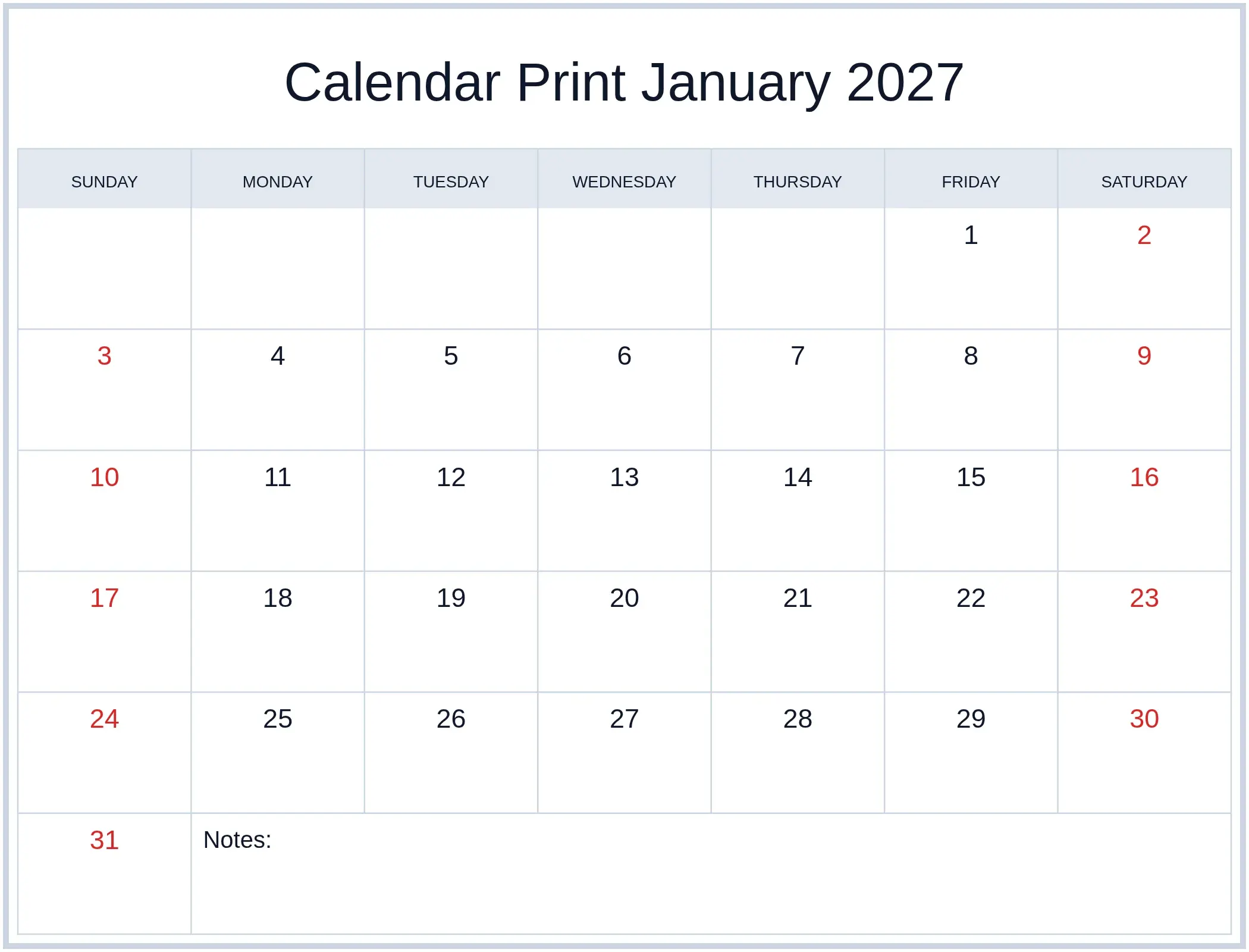Calendar Print January 2027 with Notes Bottom Landscape Calendar Print January 2027 with Notes Bottom Landscape