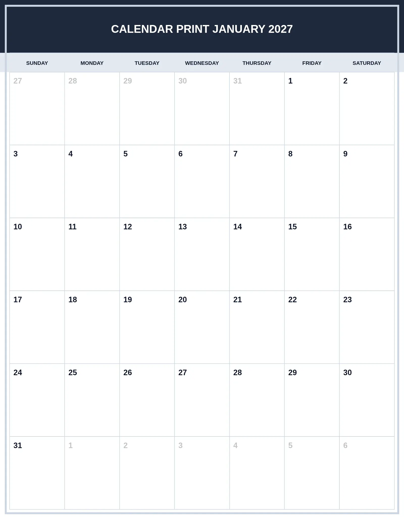 Calendar Print January 2027 With Portrait Template Calendar Print January 2027 With Portrait Template