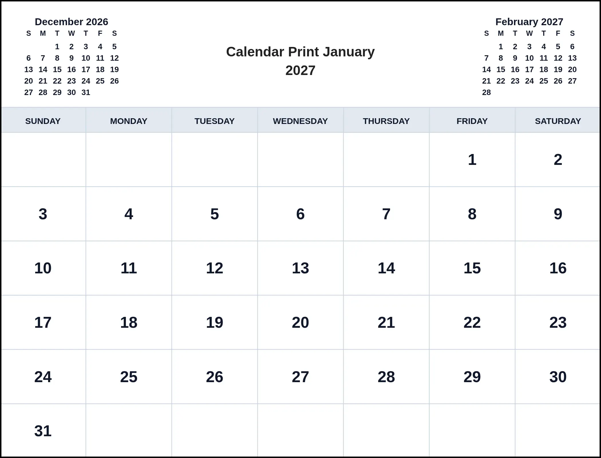 Calendar Print January 2027 With Three Month View Calendar Print January 2027 With Three Month View