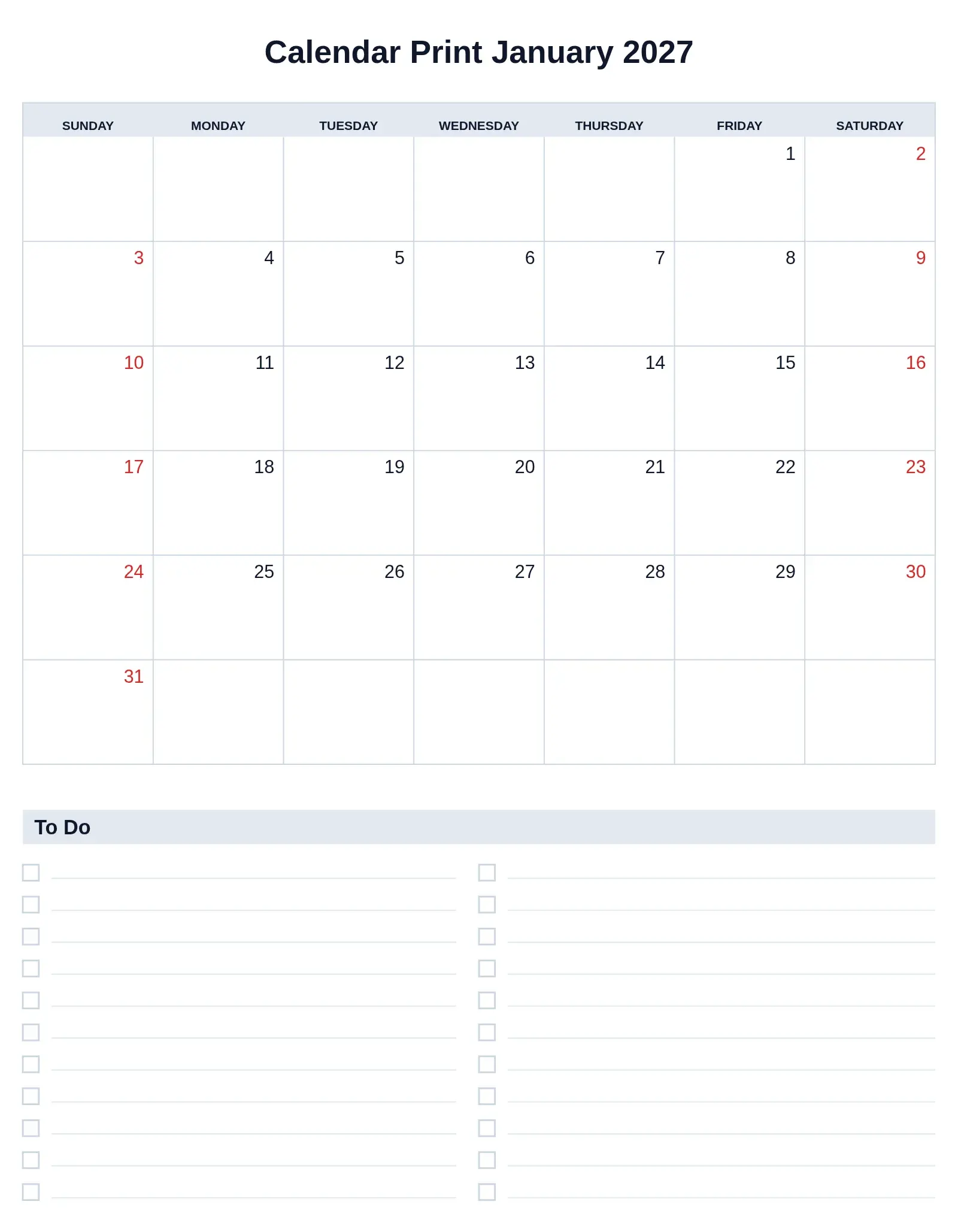 Calendar Print January 2027 With To Do List Bottom Portrait Calendar Print January 2027 With To Do List Bottom Portrait