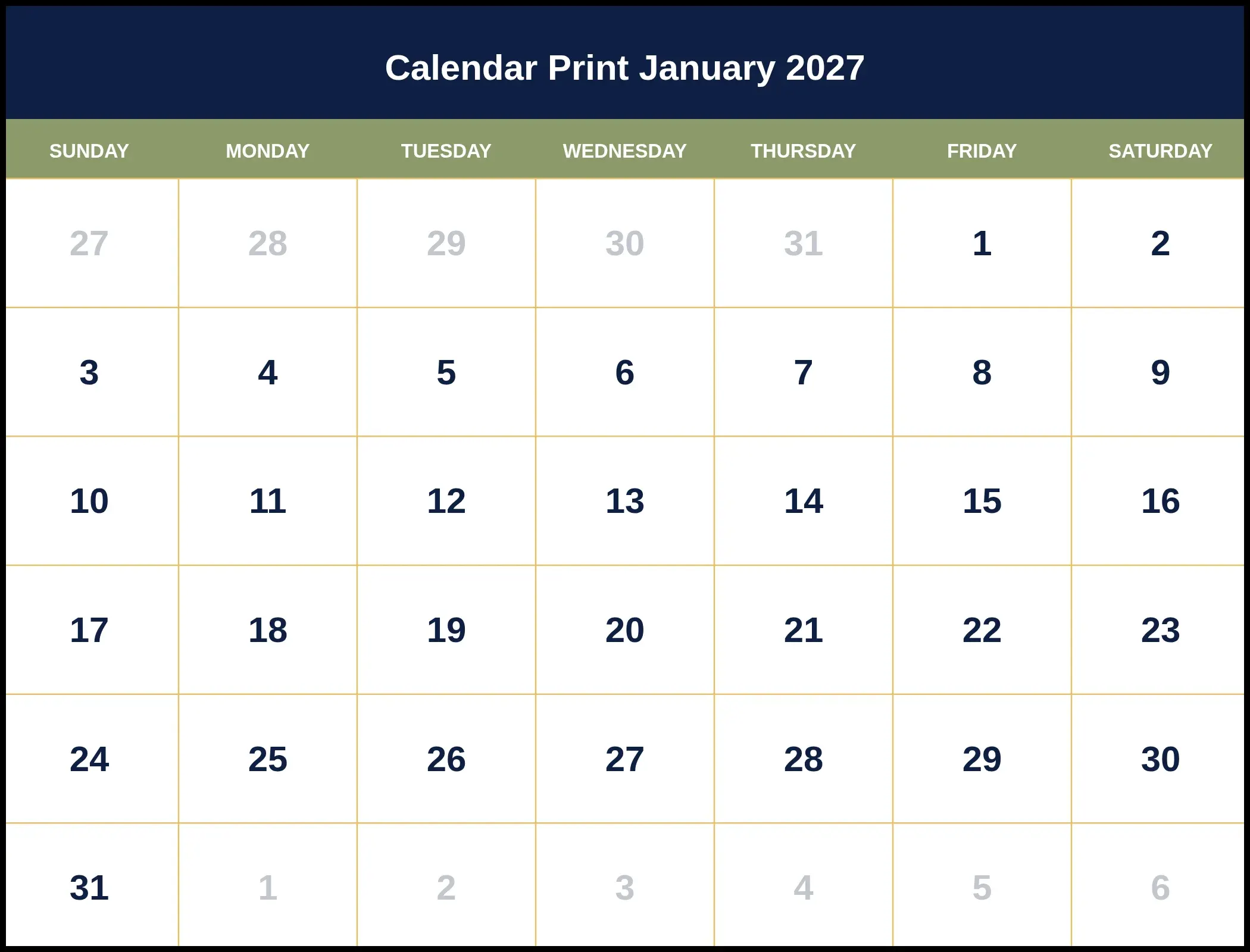 Calendar Print January 2027 Calendar Print January 2027