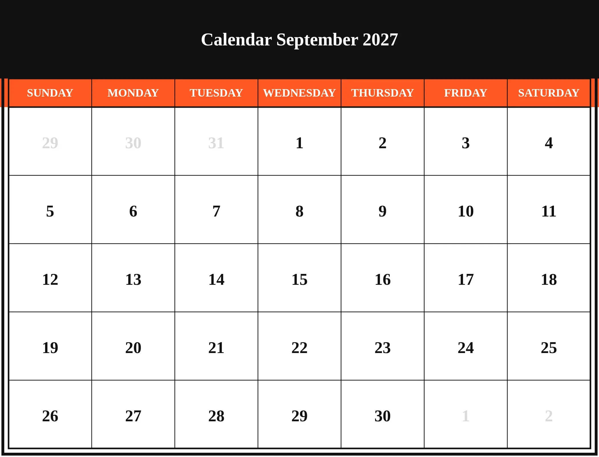 Calendar September 2027 Download Landscape