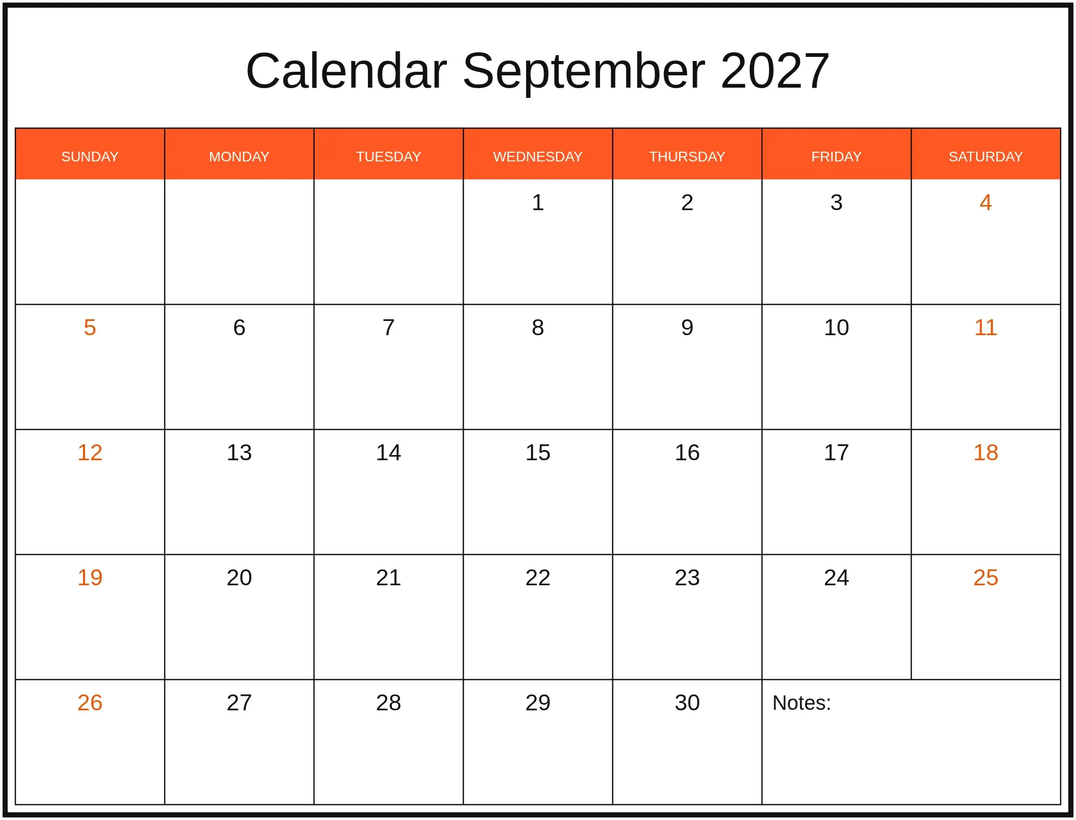 Calendar September 2027 with Notes Bottom Landscape