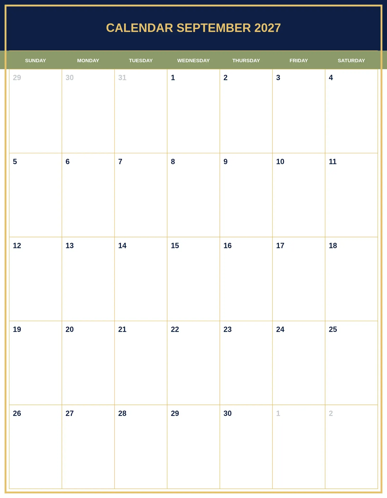 Calendar September 2027 With Portrait Template Calendar September 2027 With Portrait Template