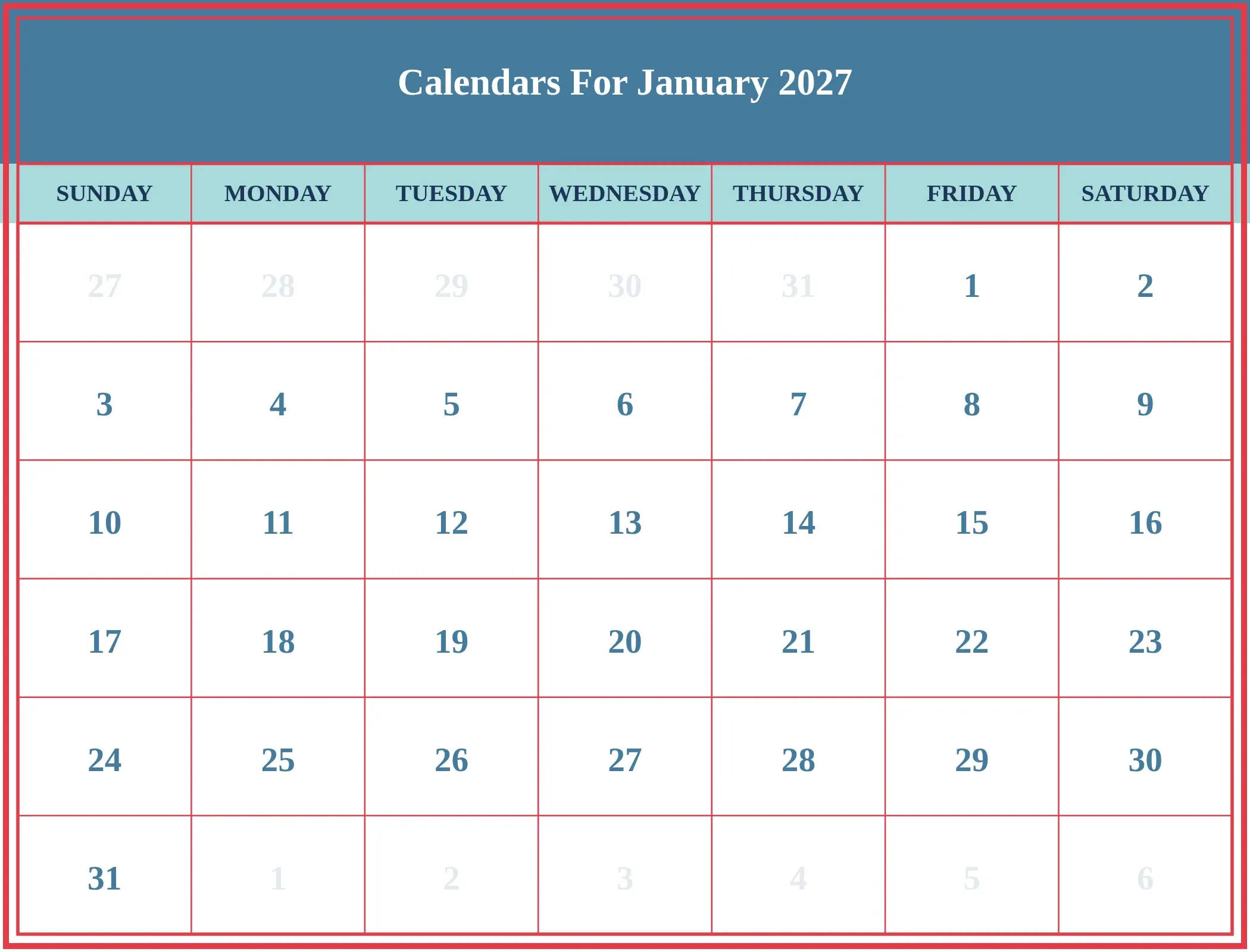 Calendars For January 2027 Download Landscape