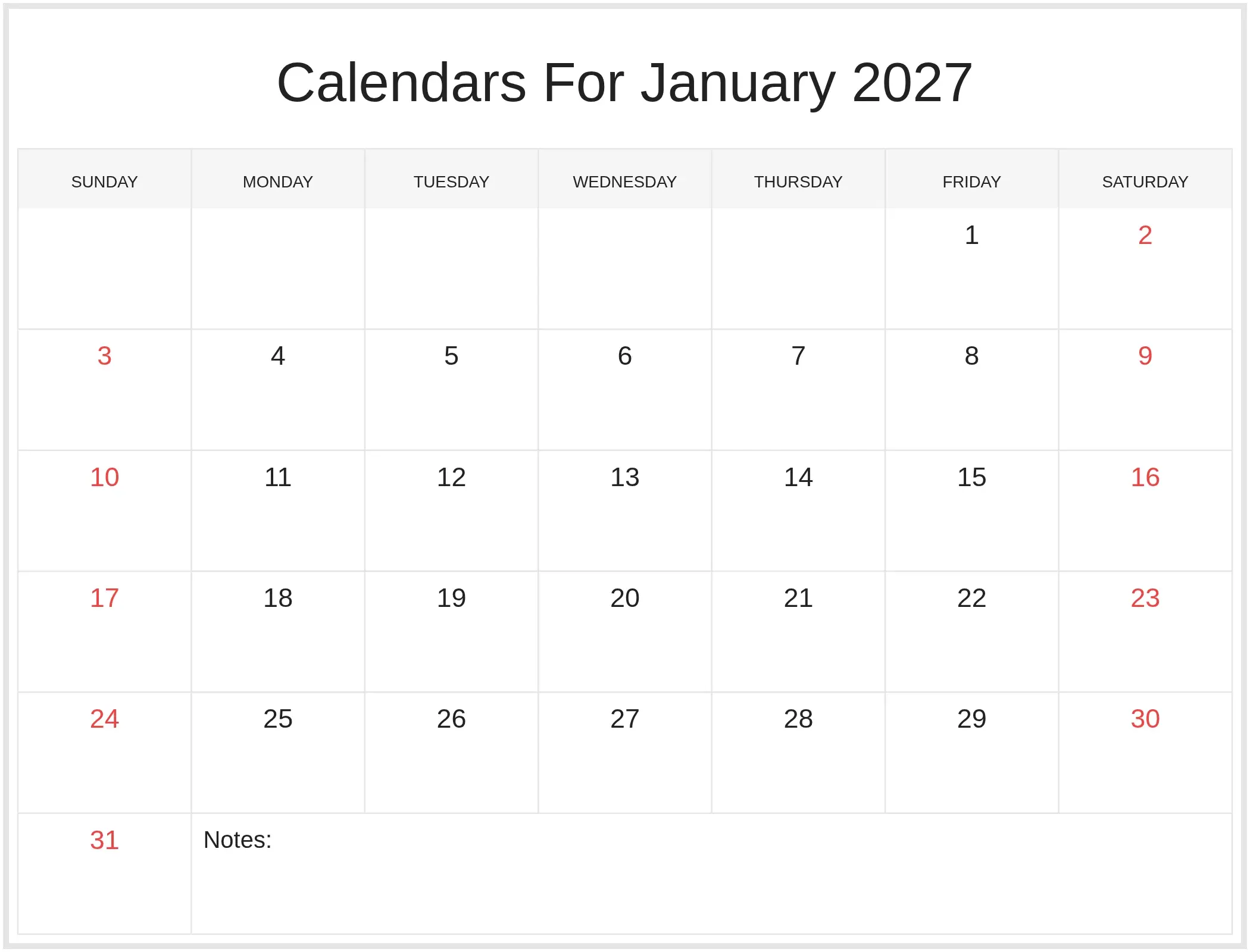 Calendars For January 2027 with Notes Bottom Landscape Calendars For January 2027 with Notes Bottom Landscape