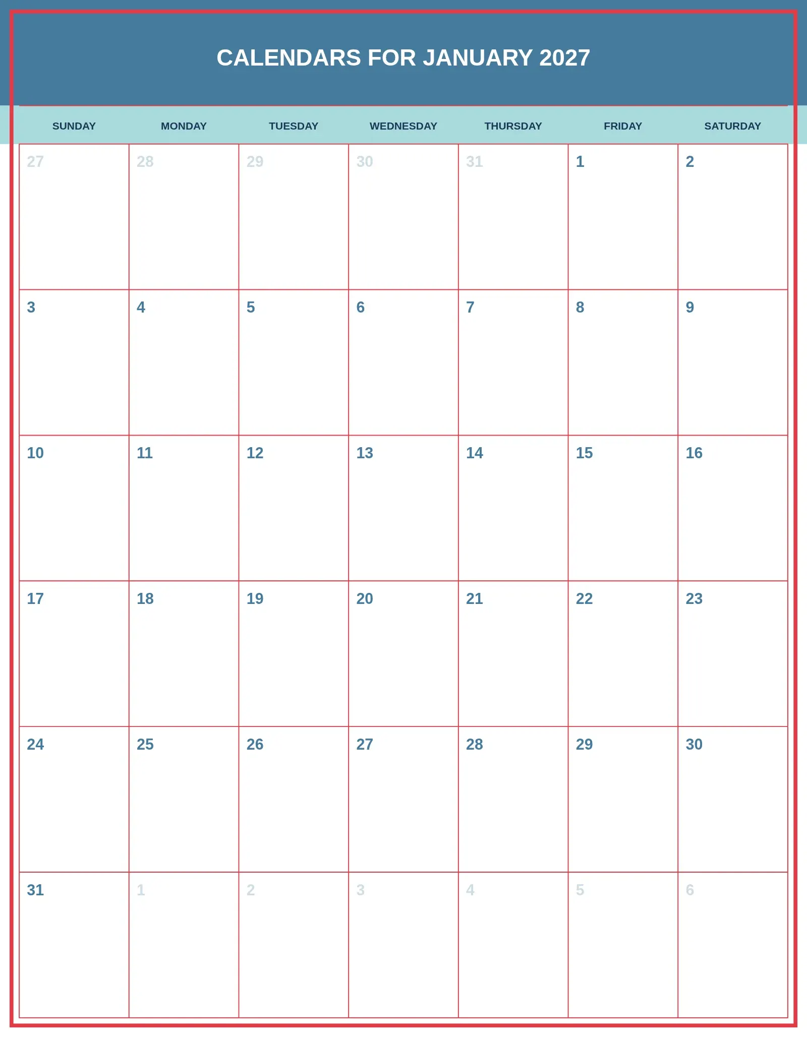 Calendars For January 2027 With Portrait Template