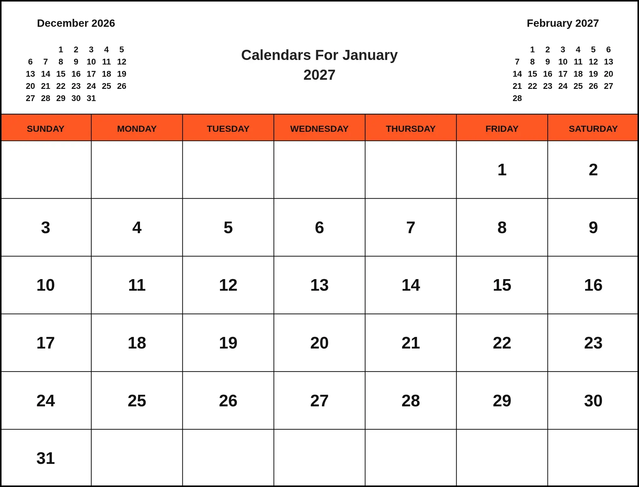 Calendars For January 2027 With Three Month View