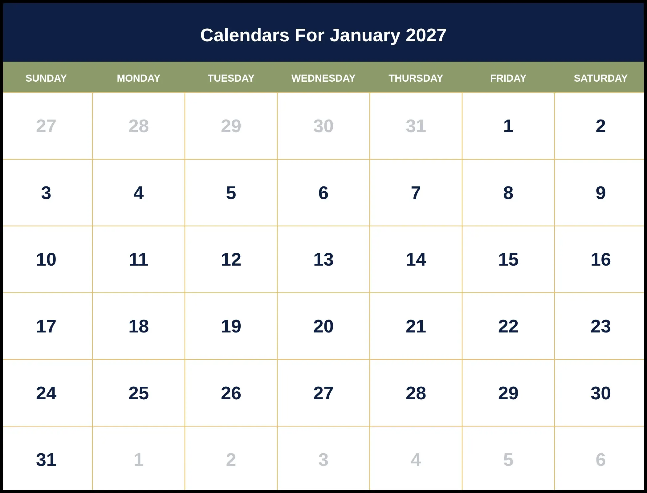 Calendars For January 2027