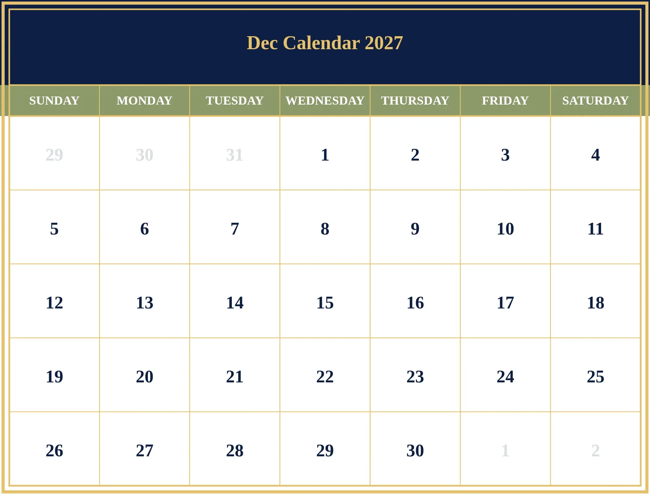 Dec Calendar 2027 Download Landscape