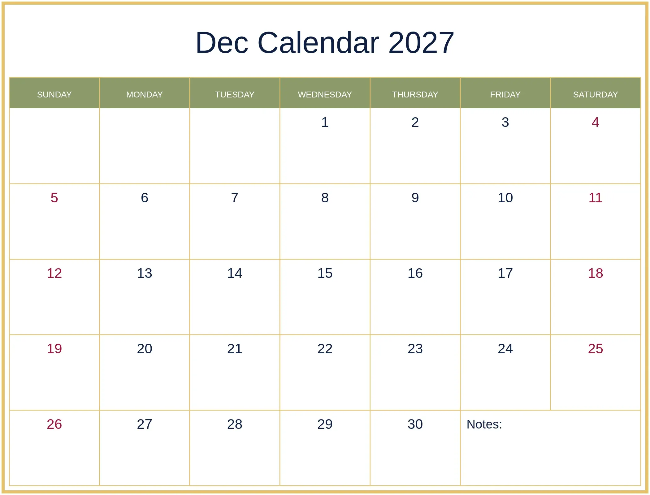 Dec Calendar 2027 with Notes Bottom Landscape Dec Calendar 2027 with Notes Bottom Landscape