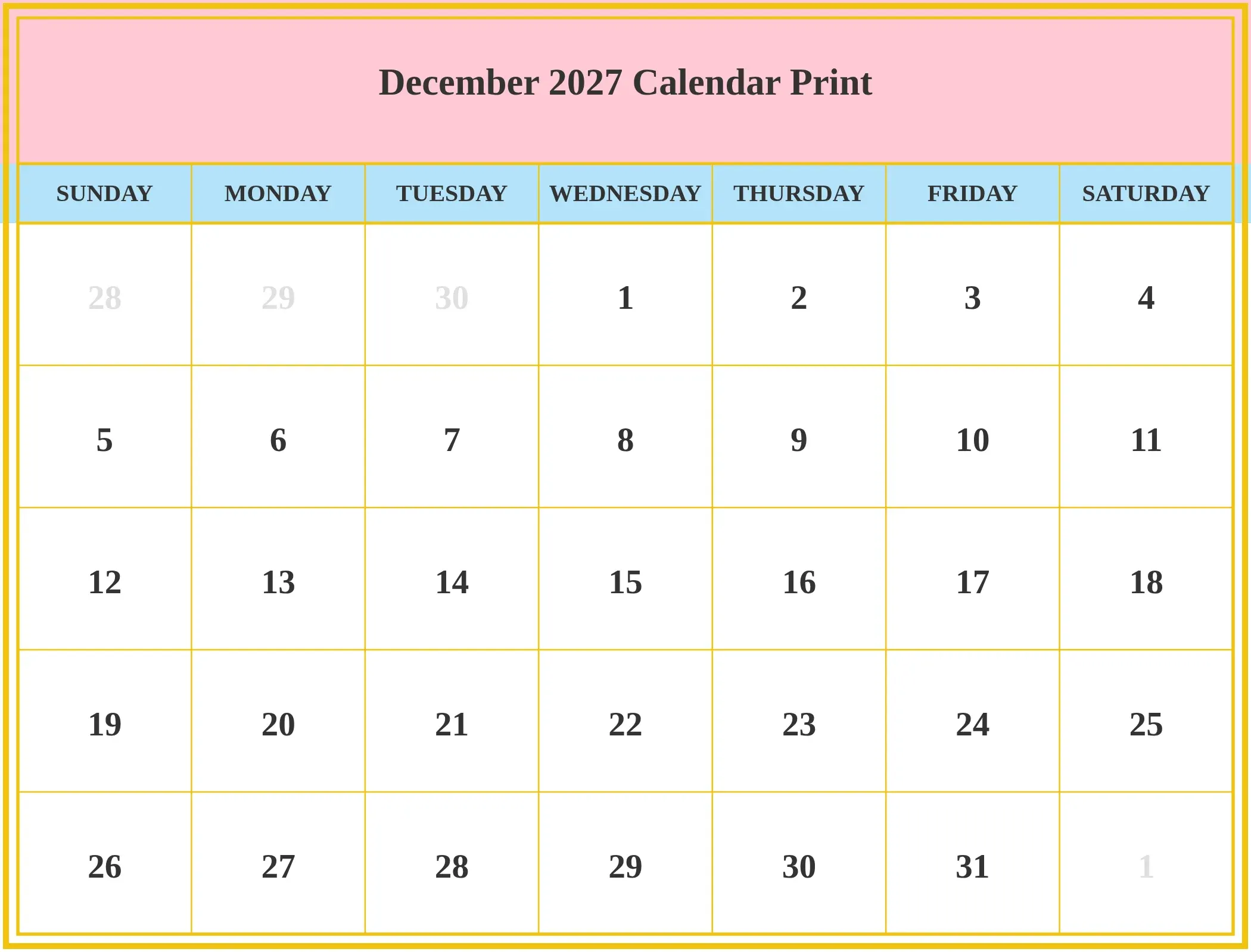 December 2027 Calendar Print Download Landscape