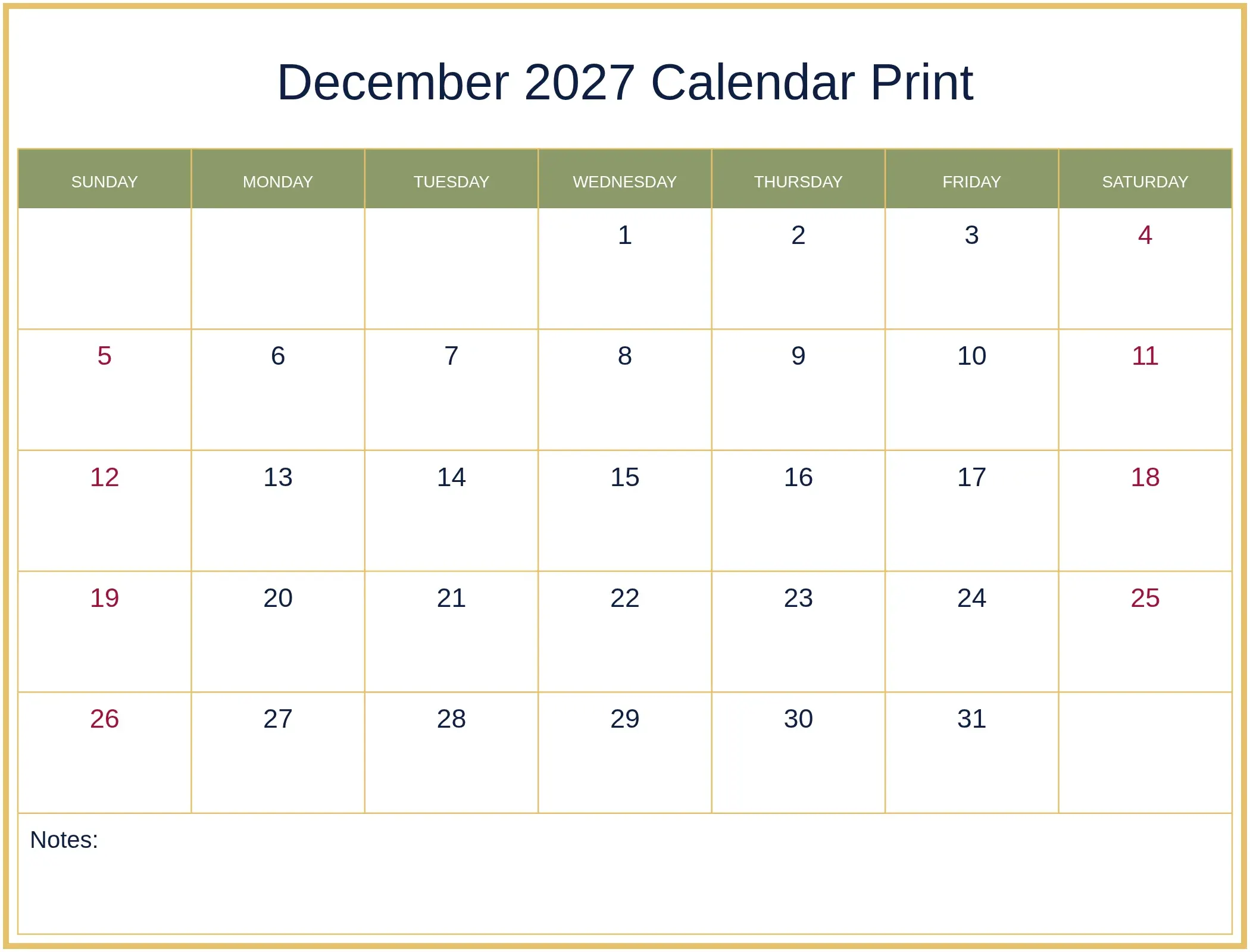 December 2027 Calendar Print with Notes Bottom Landscape December 2027 Calendar Print with Notes Bottom Landscape
