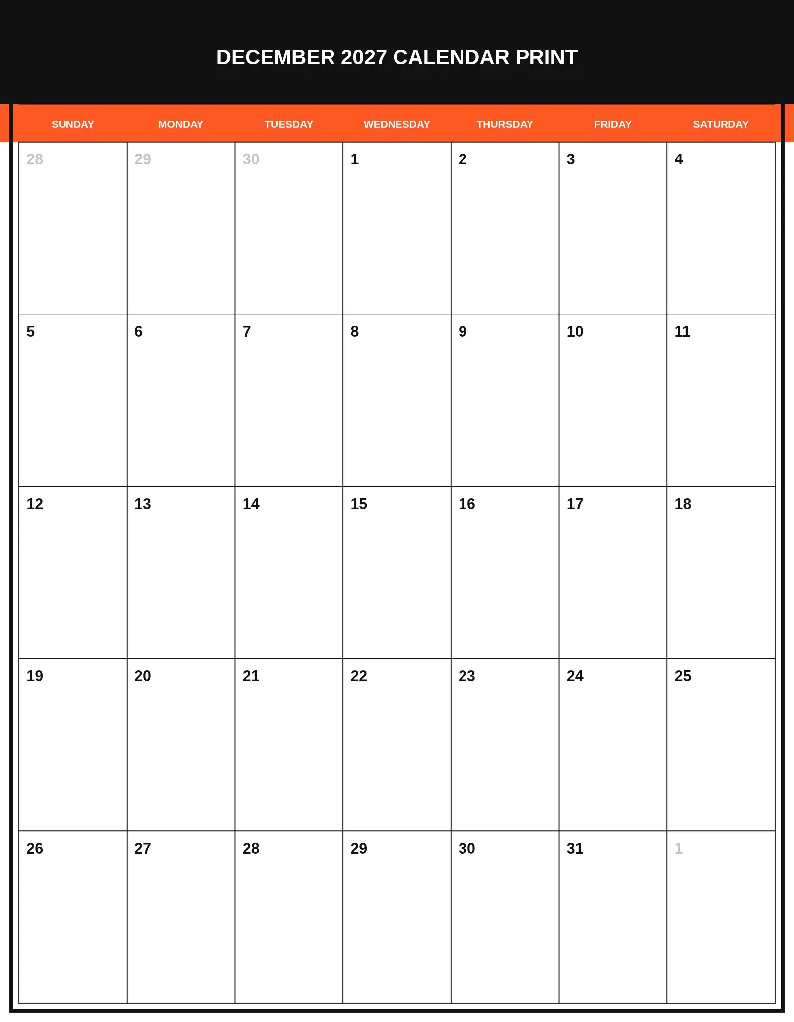 December 2027 Calendar Print With Portrait Template December 2027 Calendar Print With Portrait Template