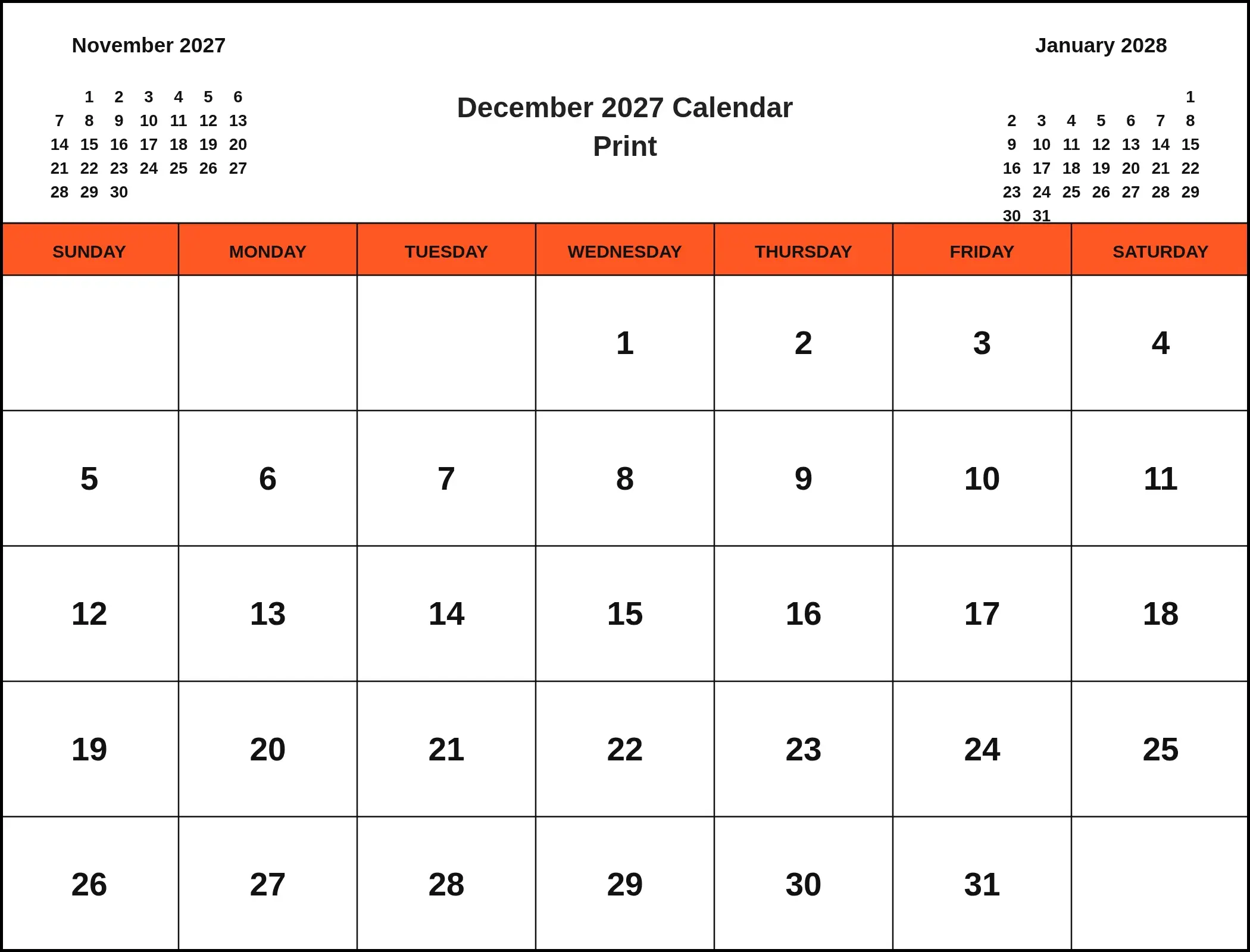 December 2027 Calendar Print With Three Month View December 2027 Calendar Print With Three Month View