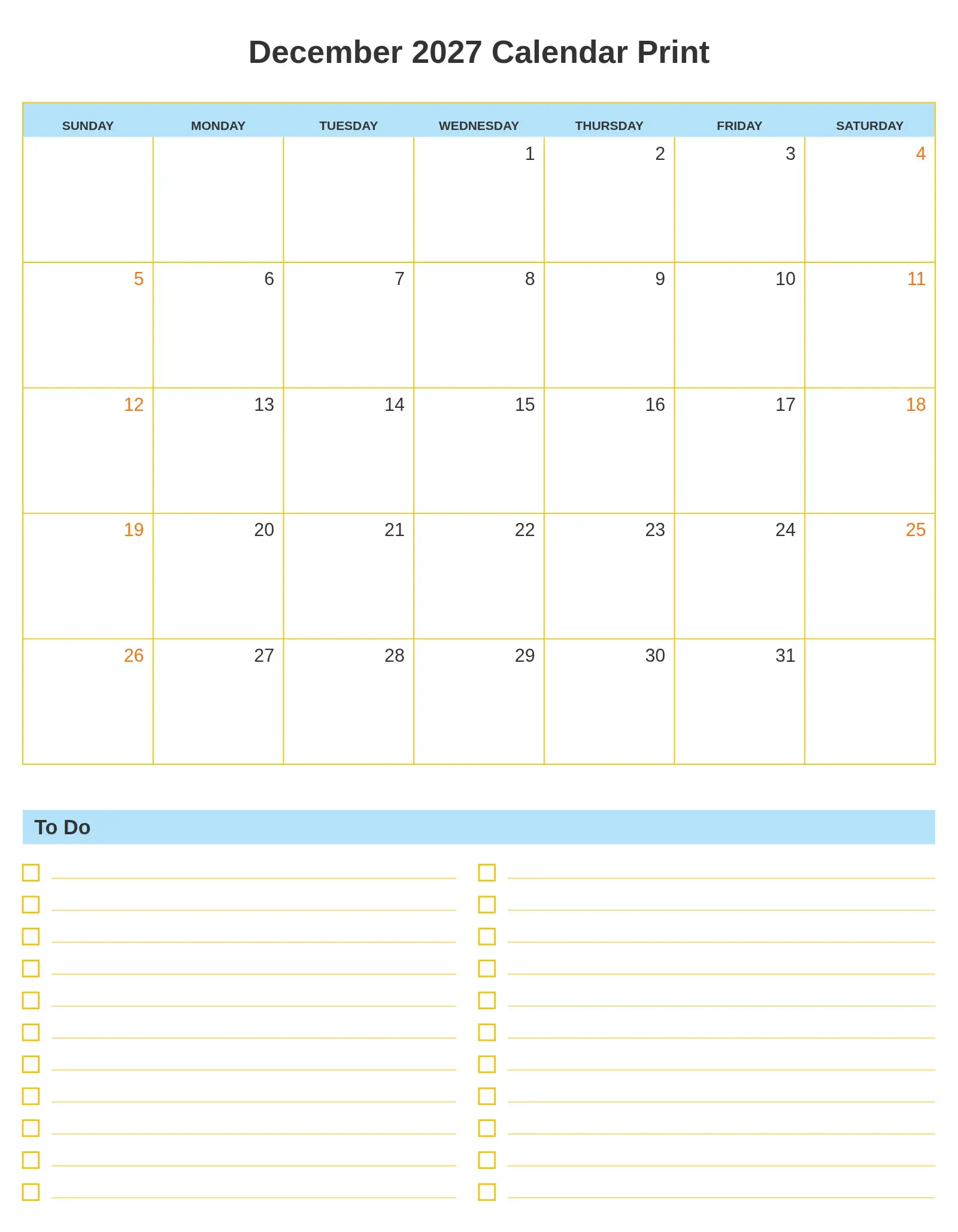 December 2027 Calendar Print With To Do List Bottom Portrait December 2027 Calendar Print With To Do List Bottom Portrait