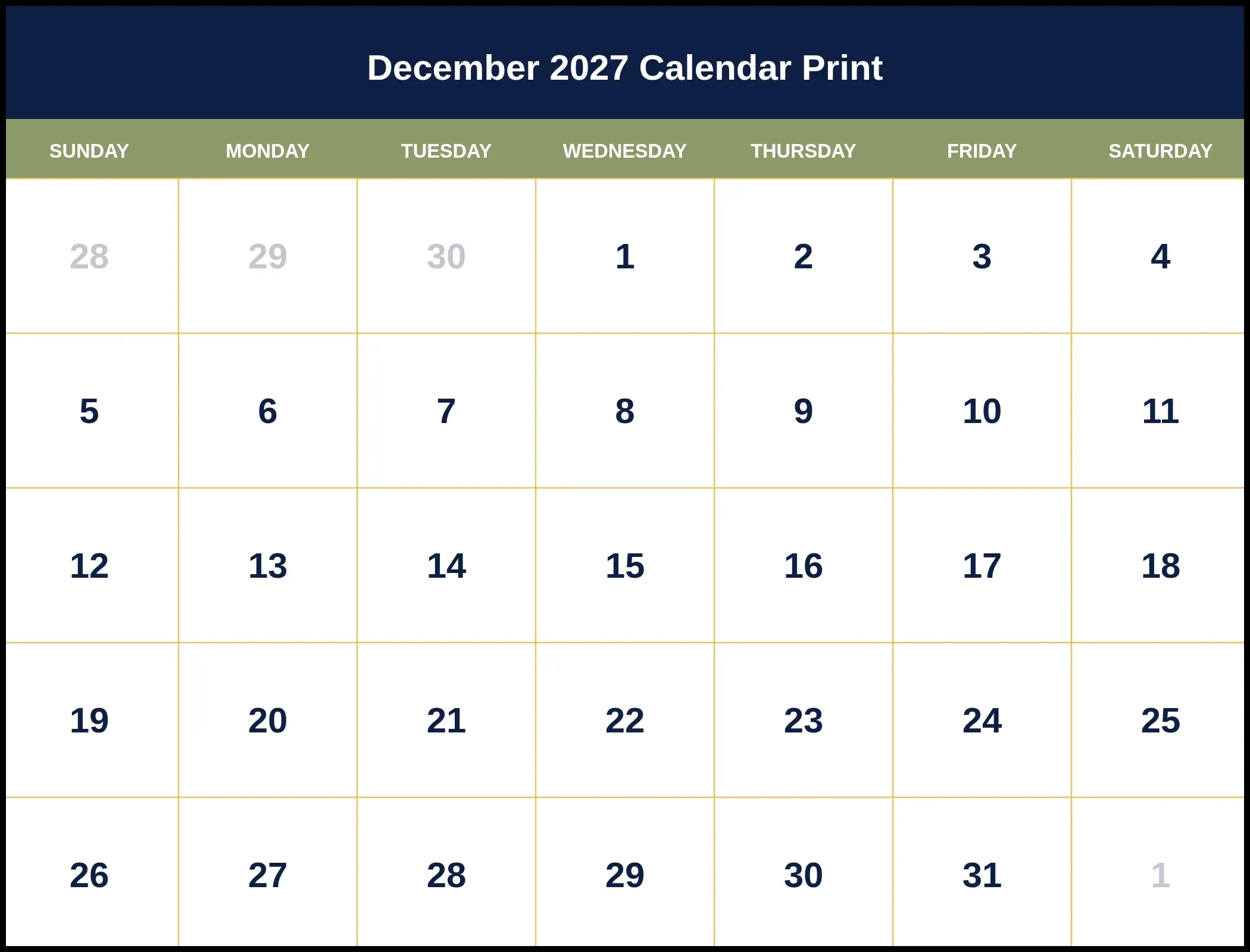 December 2027 Calendar Print
