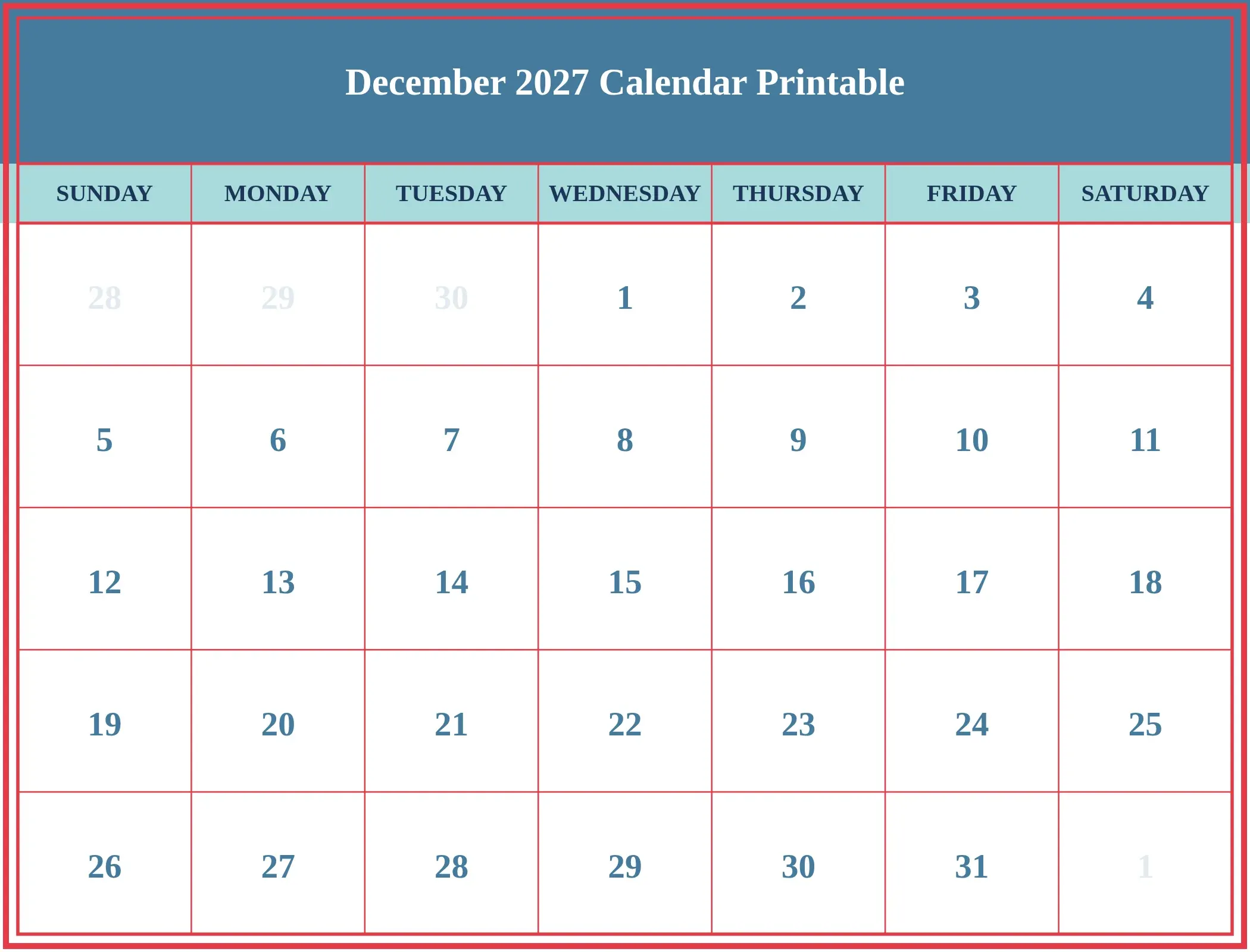 December 2027 Calendar Printable Download Landscape December 2027 Calendar Printable Download Landscape