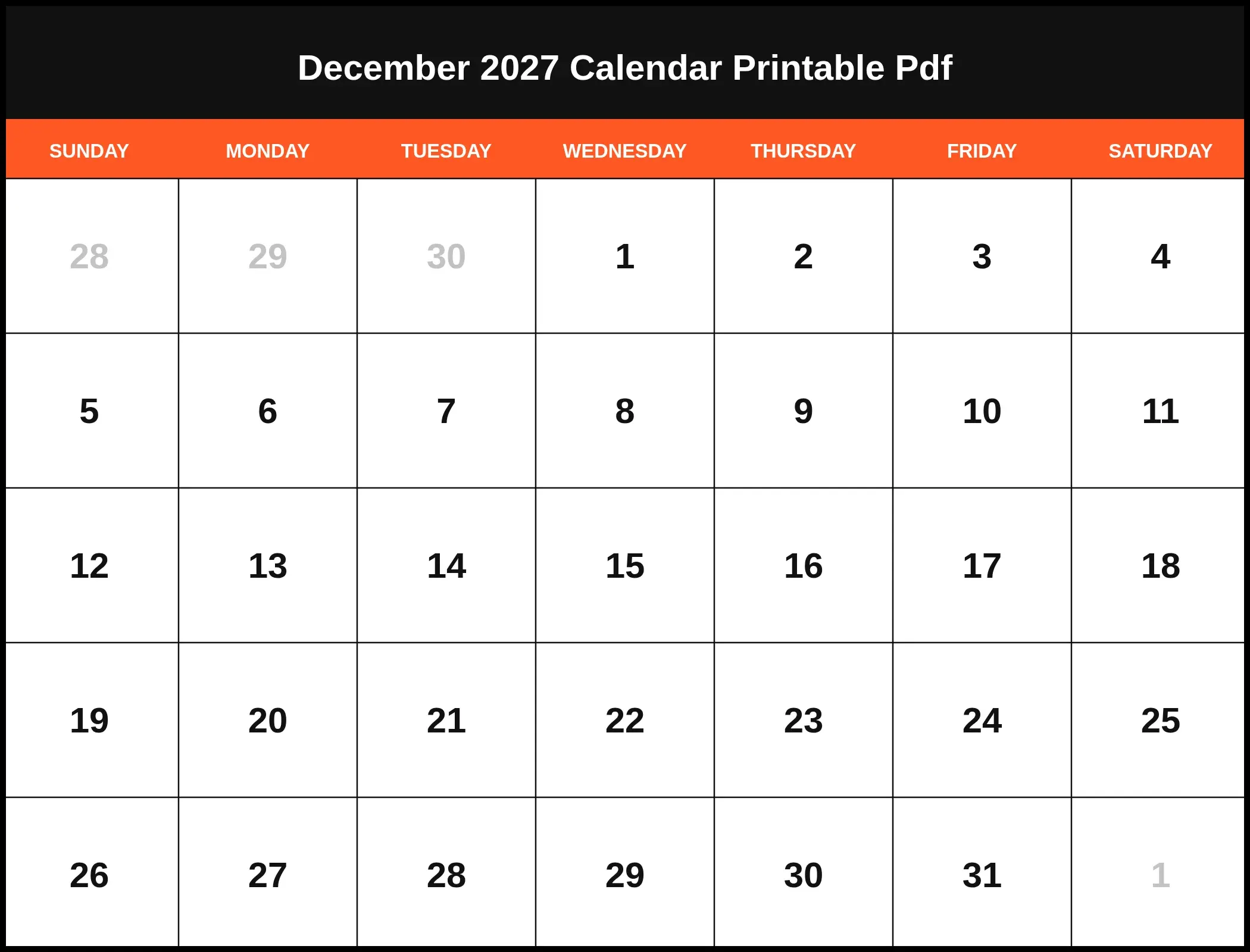 December 2027 Calendar Printable Pdf