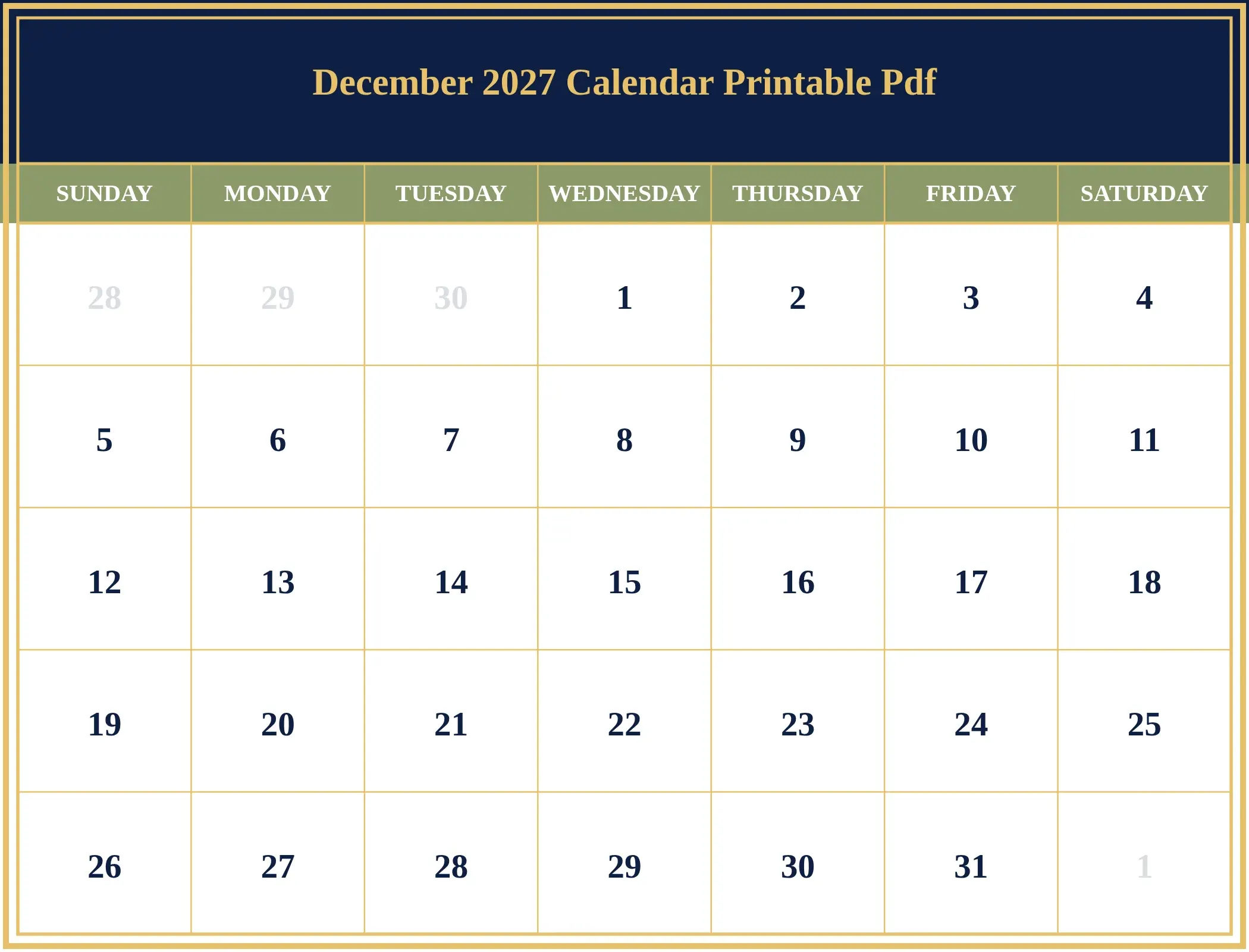 December 2027 Calendar Printable Pdf Download Landscape December 2027 Calendar Printable Pdf Download Landscape