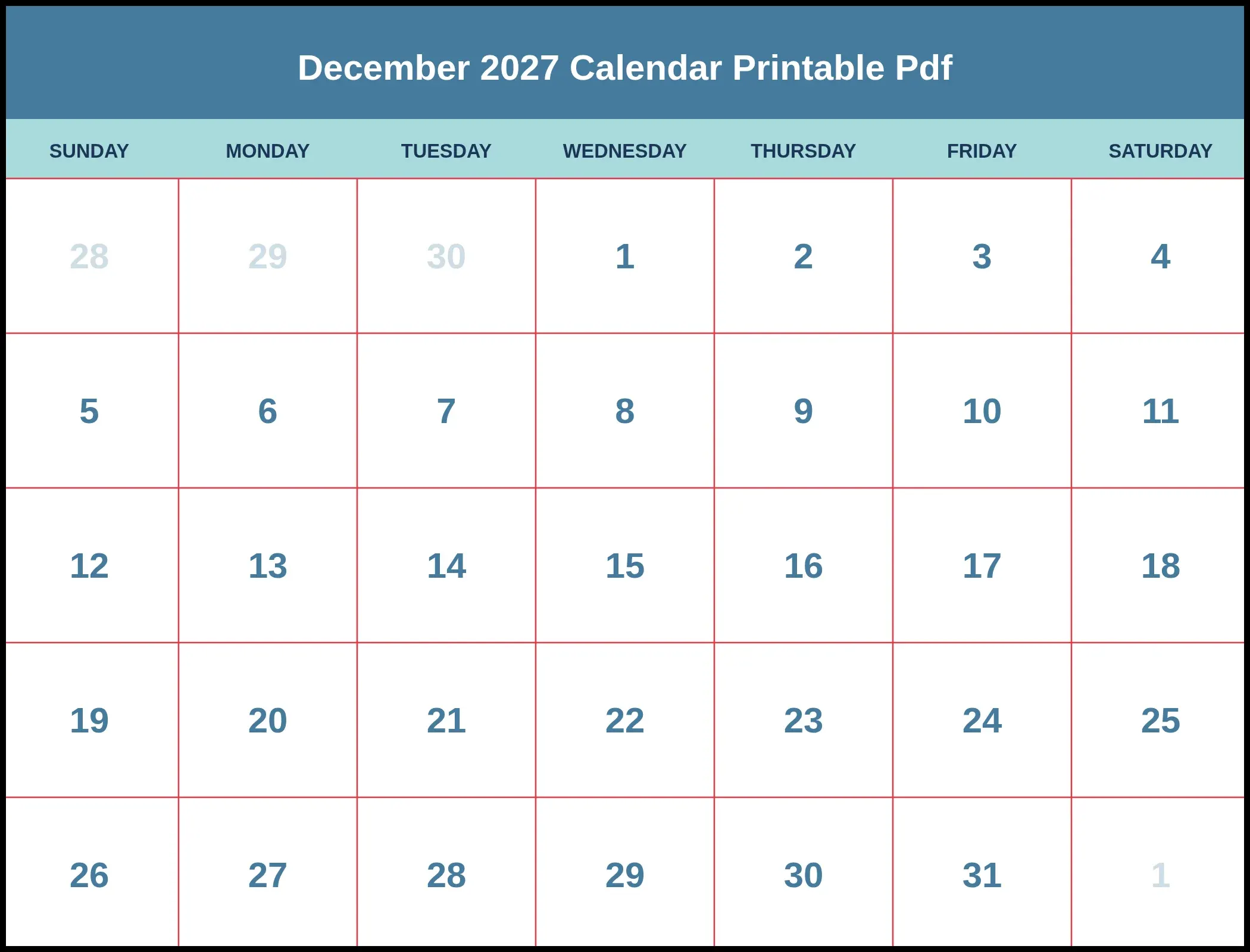 December 2027 Calendar Printable Pdf Download December 2027 Calendar Printable Pdf Download