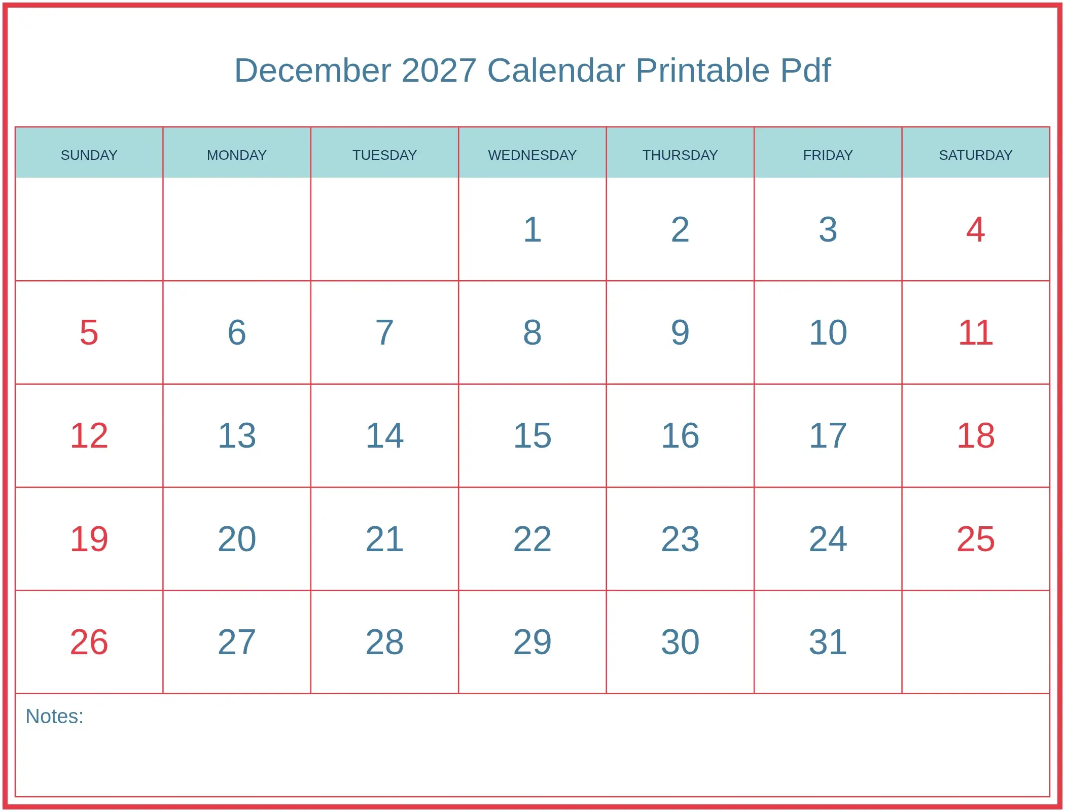 December 2027 Calendar Printable Pdf with Notes Bottom Landscape
