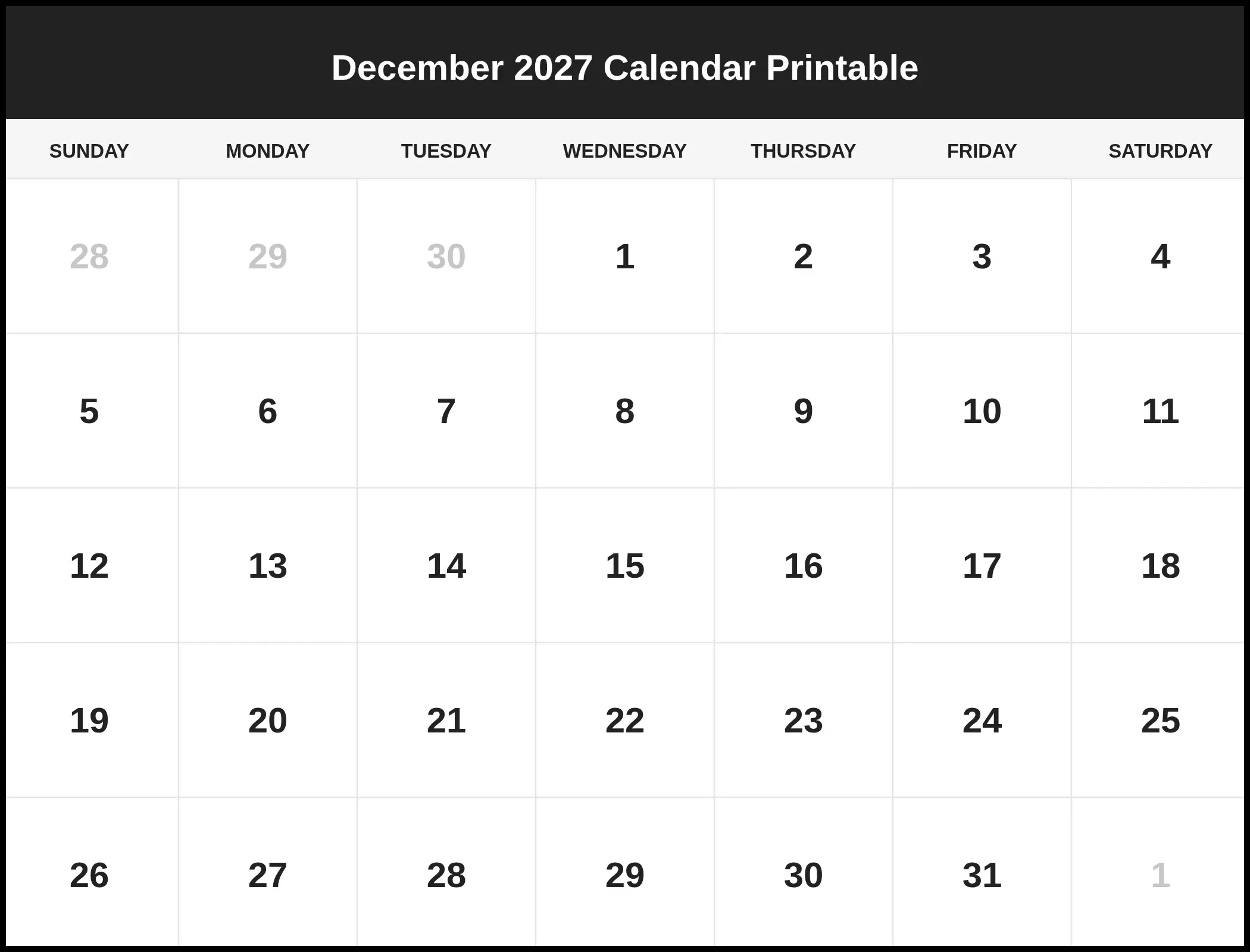 December 2027 Calendar Printable Pdf December 2027 Calendar Printable Pdf