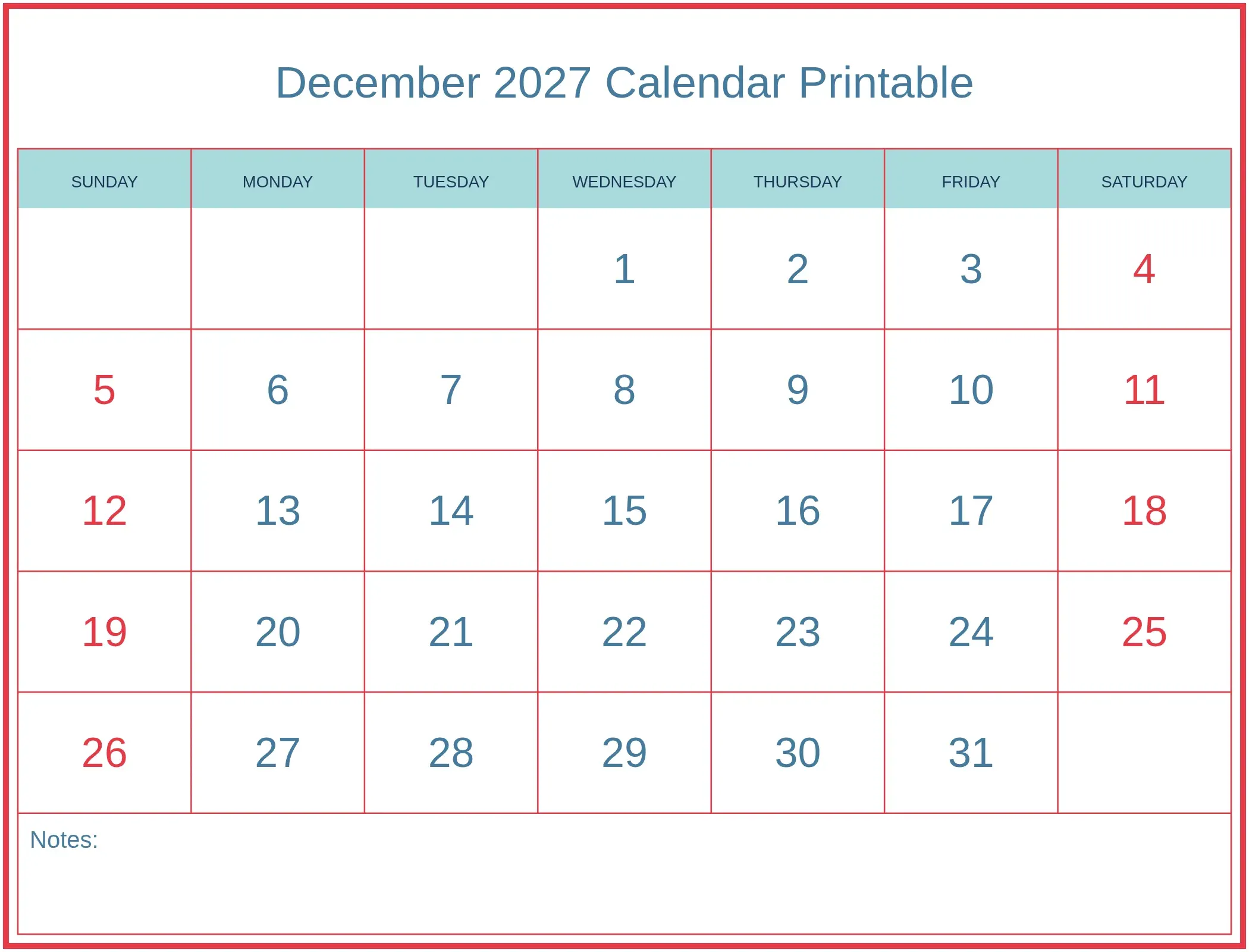 December 2027 Calendar Printable with Notes Bottom Landscape December 2027 Calendar Printable with Notes Bottom Landscape