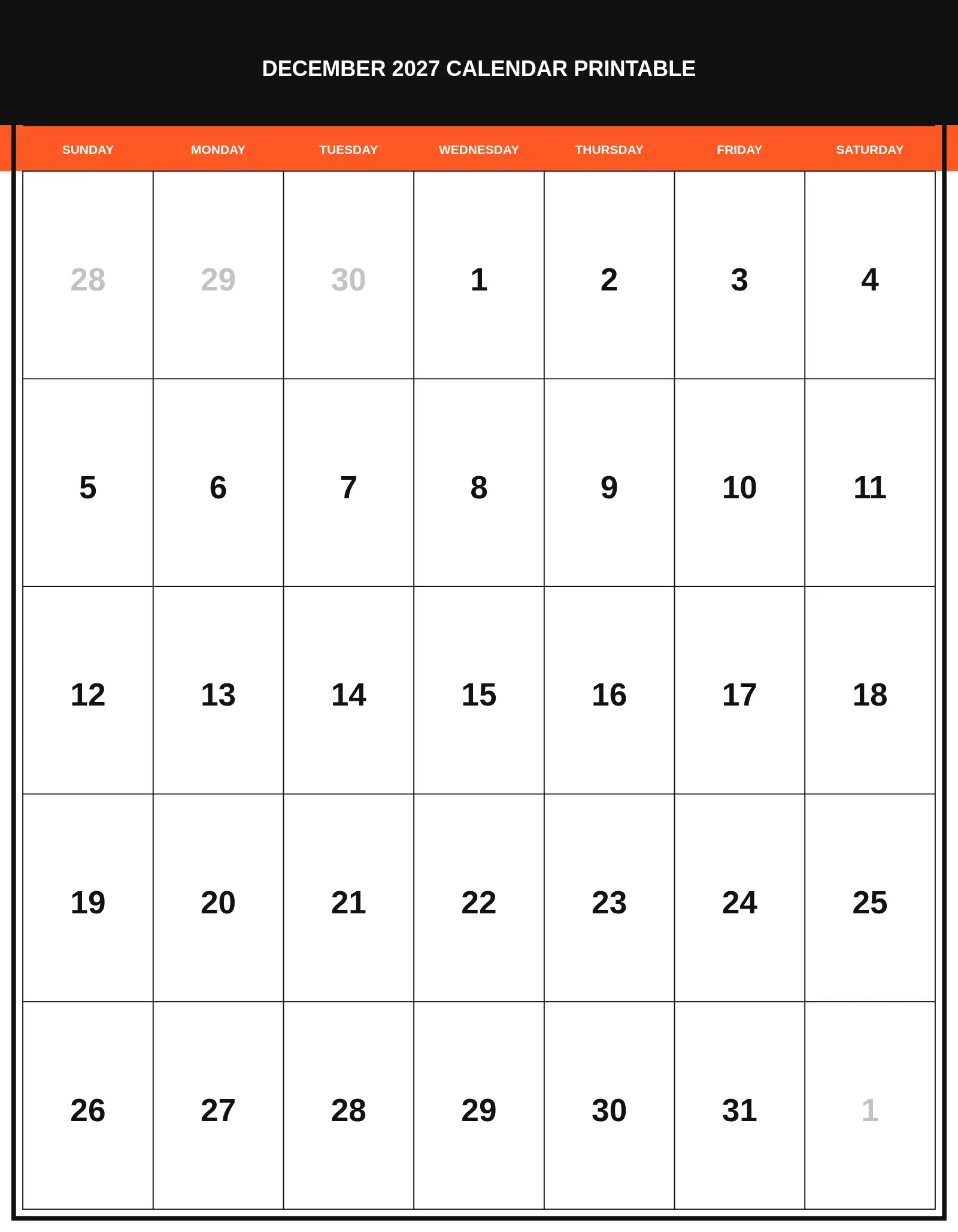 December 2027 Calendar Printable With Portrait Template December 2027 Calendar Printable With Portrait Template