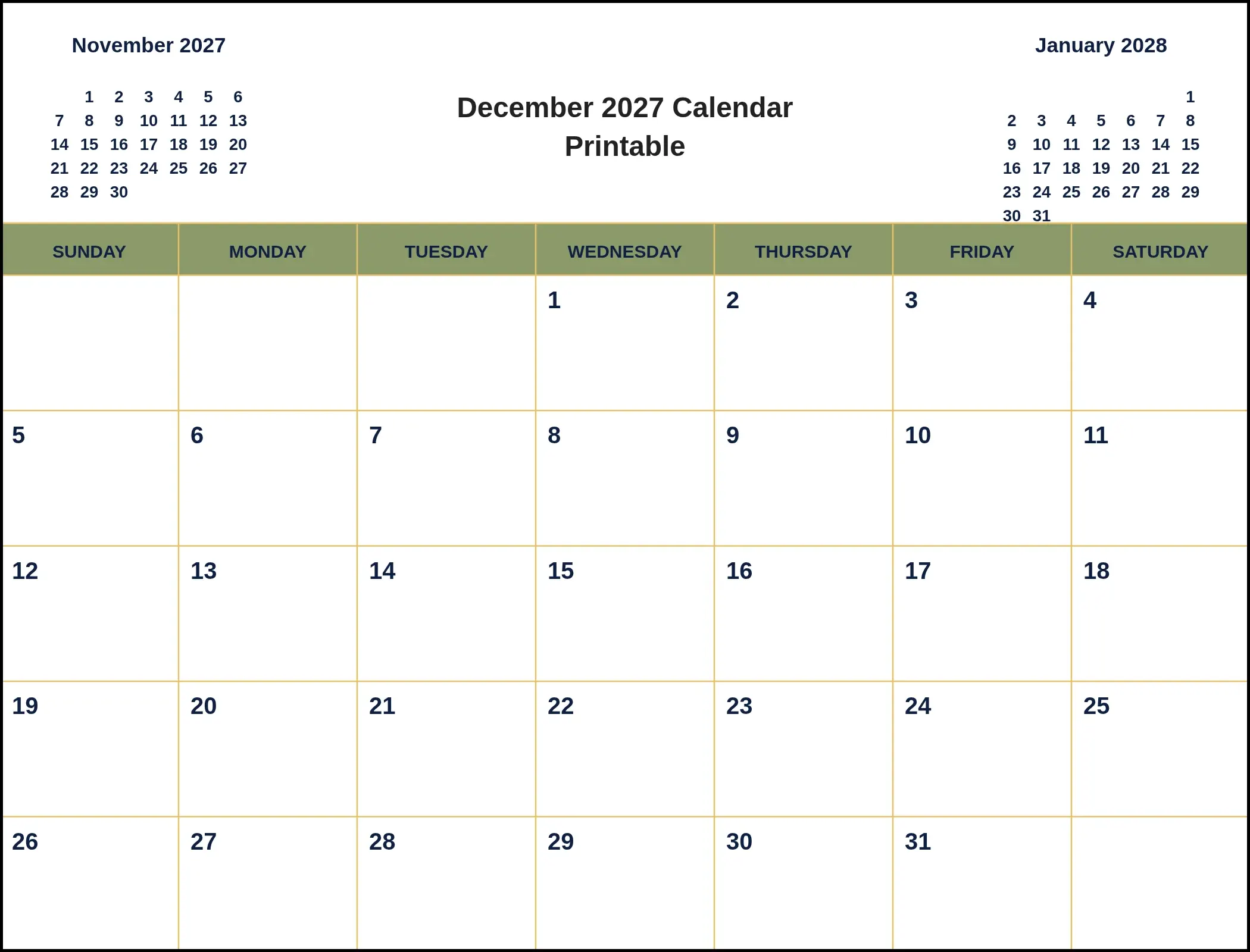 December 2027 Calendar Printable With Three Month View December 2027 Calendar Printable With Three Month View