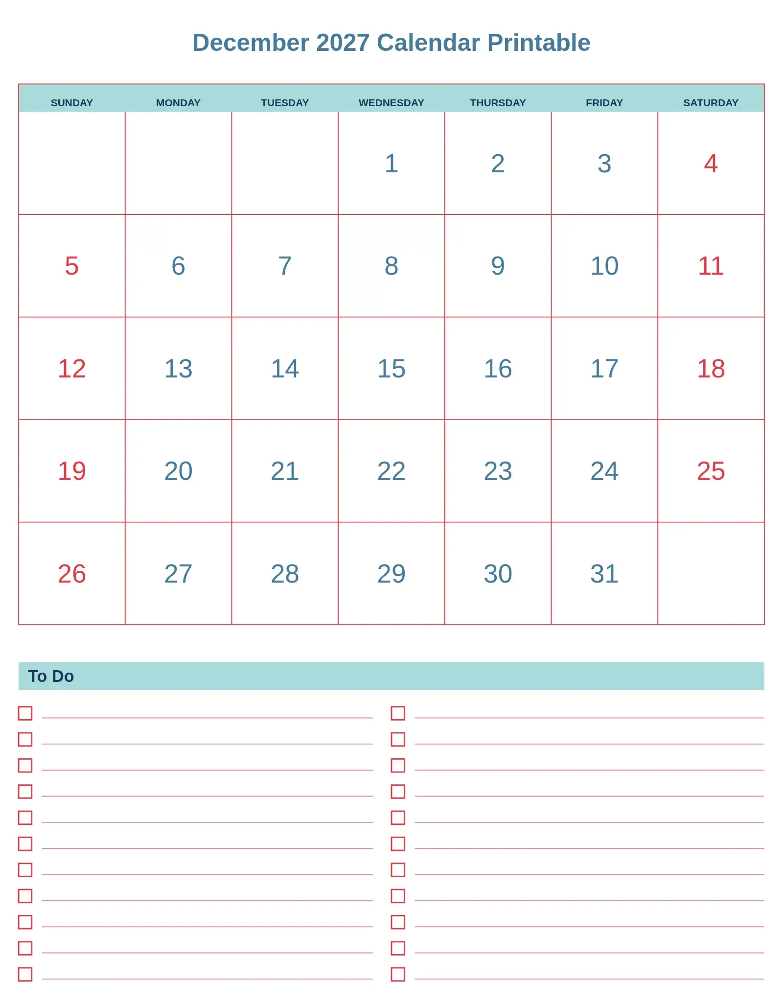 December 2027 Calendar Printable With To Do List Bottom Portrait December 2027 Calendar Printable With To Do List Bottom Portrait