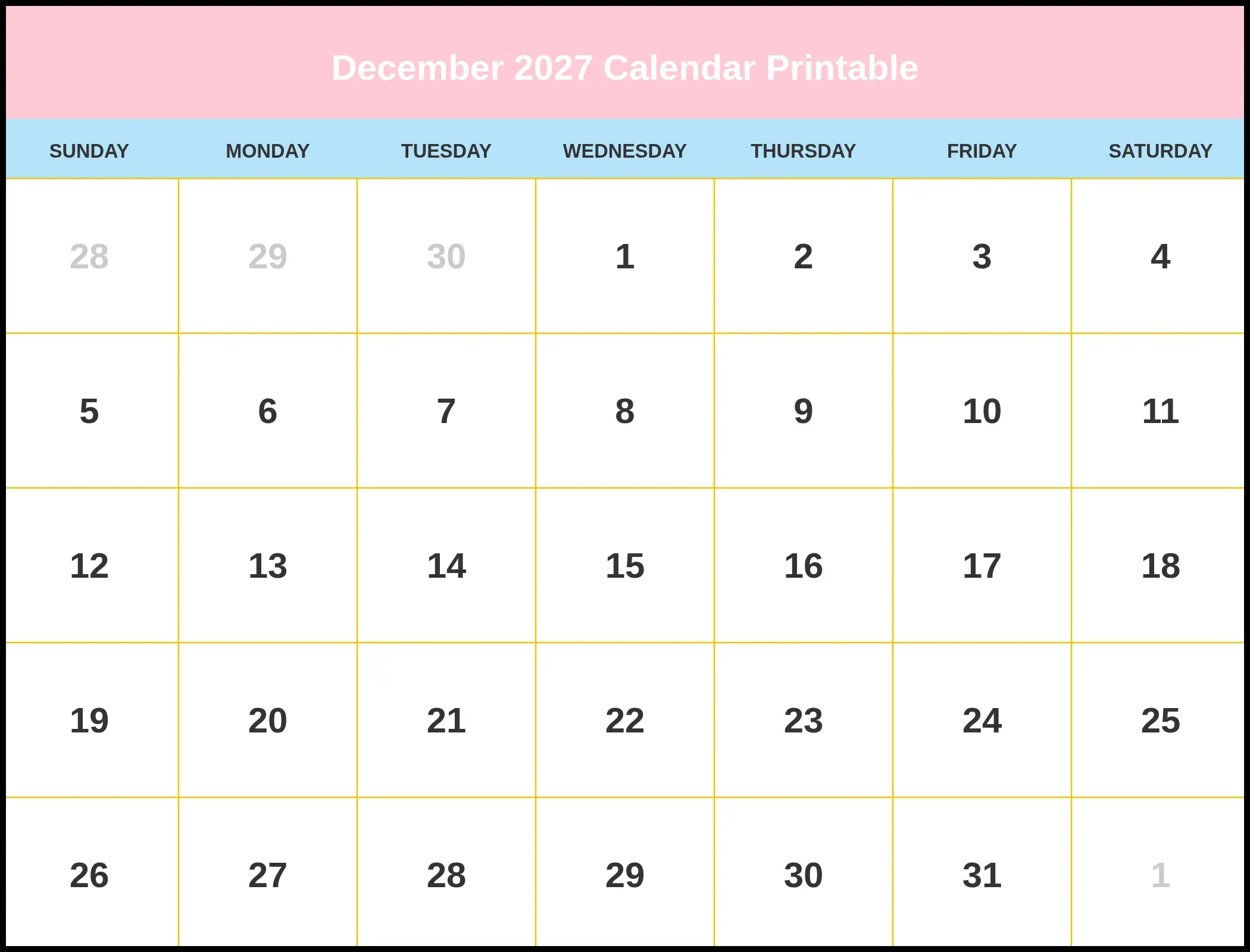 December 2027 Calendar Printable