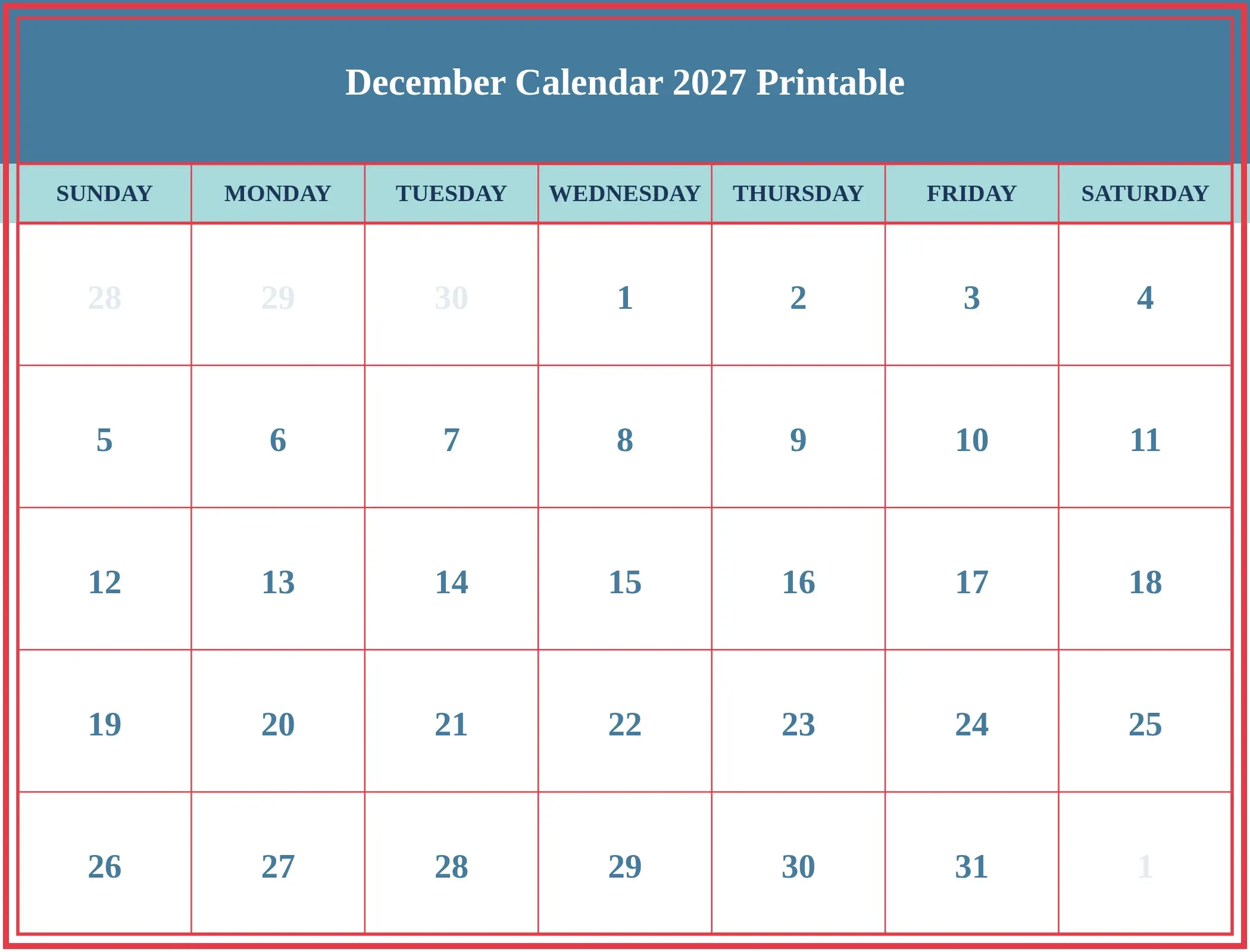 December Calendar 2027 Printable Download Landscape December Calendar 2027 Printable Download Landscape