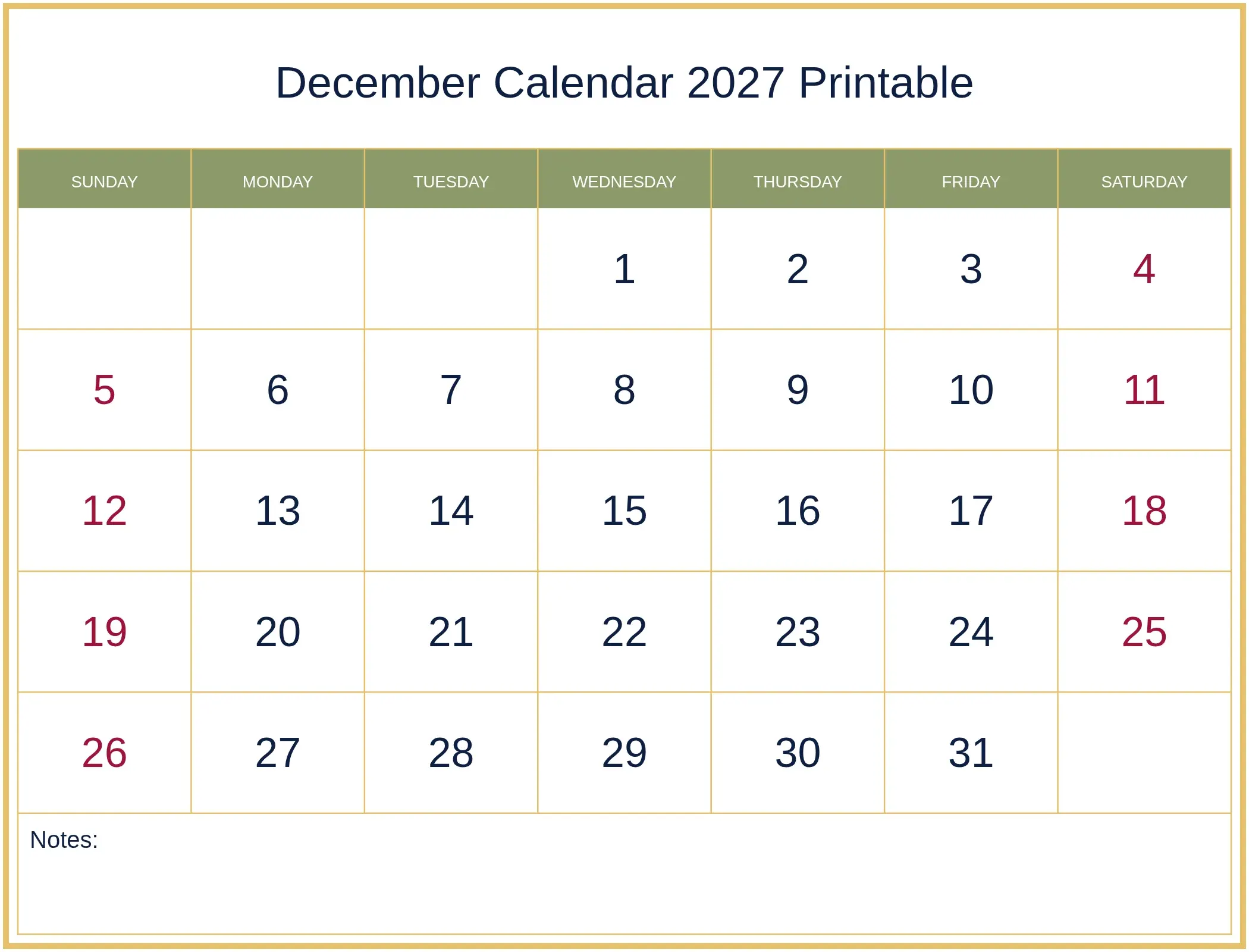 December Calendar 2027 Printable with Notes Bottom Landscape