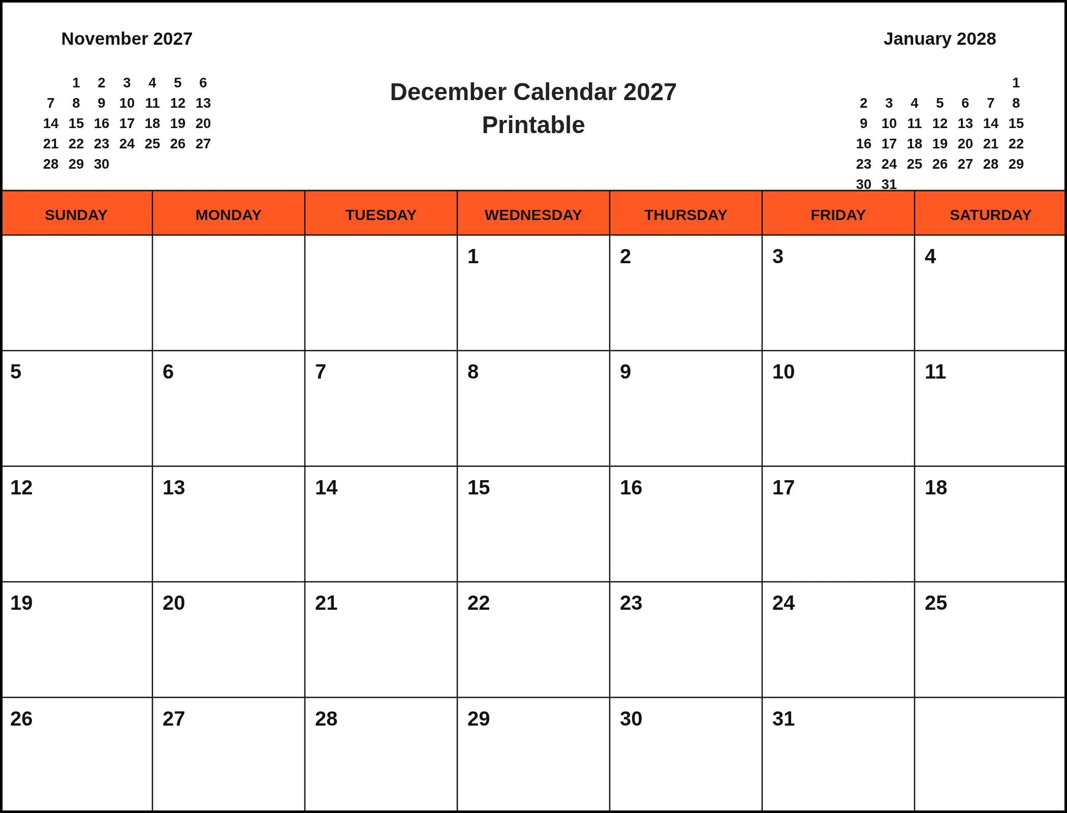 December Calendar 2027 Printable With Three Month View December Calendar 2027 Printable With Three Month View