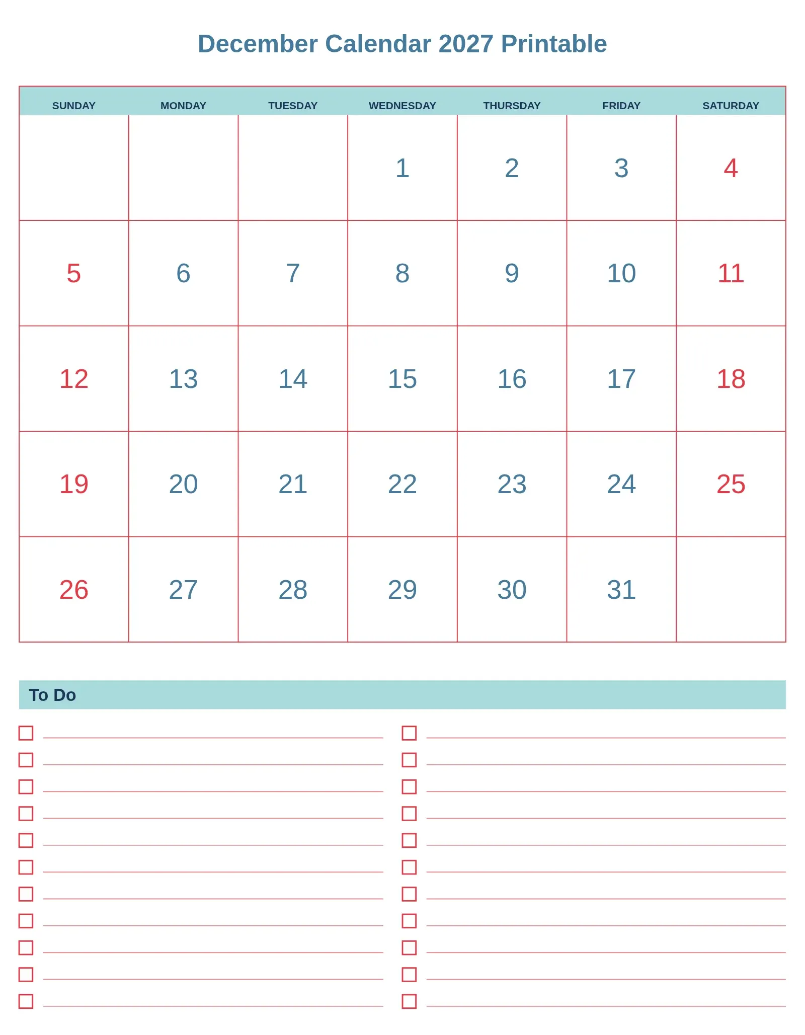 December Calendar 2027 Printable With To Do List Bottom Portrait December Calendar 2027 Printable With To Do List Bottom Portrait