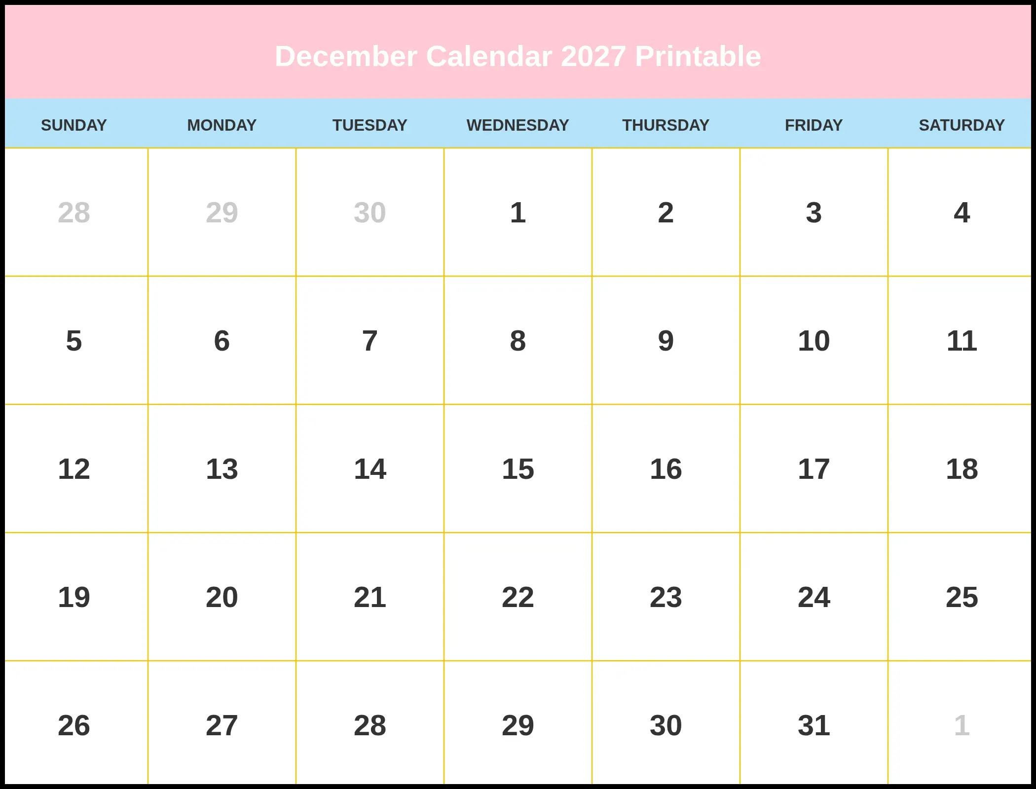 December Calendar 2027 Printable December Calendar 2027 Printable