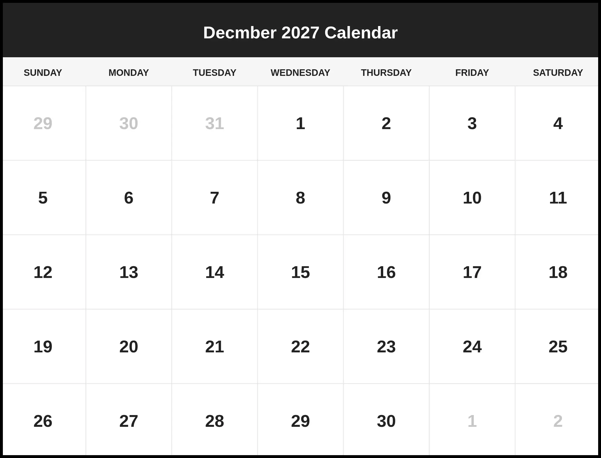 Decmber 2027 Calendar
