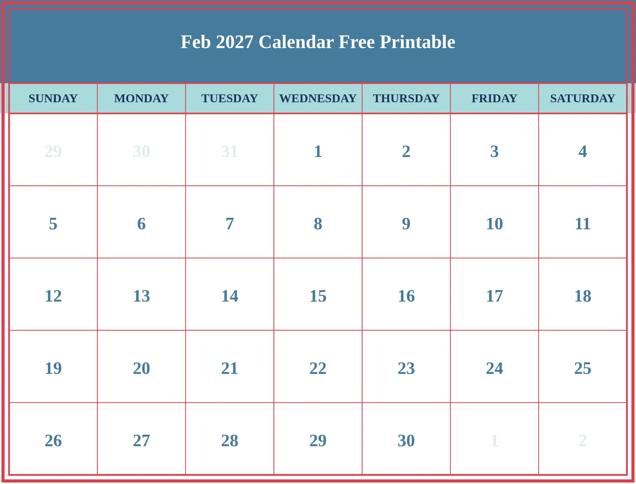 Feb 2027 Calendar Free Printable Download Landscape