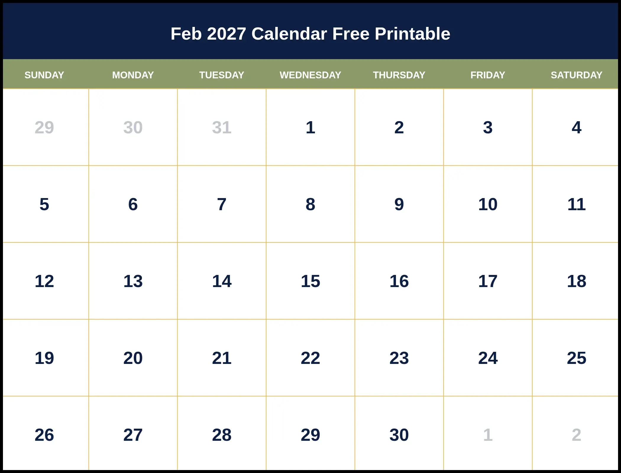 Feb 2027 Calendar Free Printable Pdf Feb 2027 Calendar Free Printable Pdf
