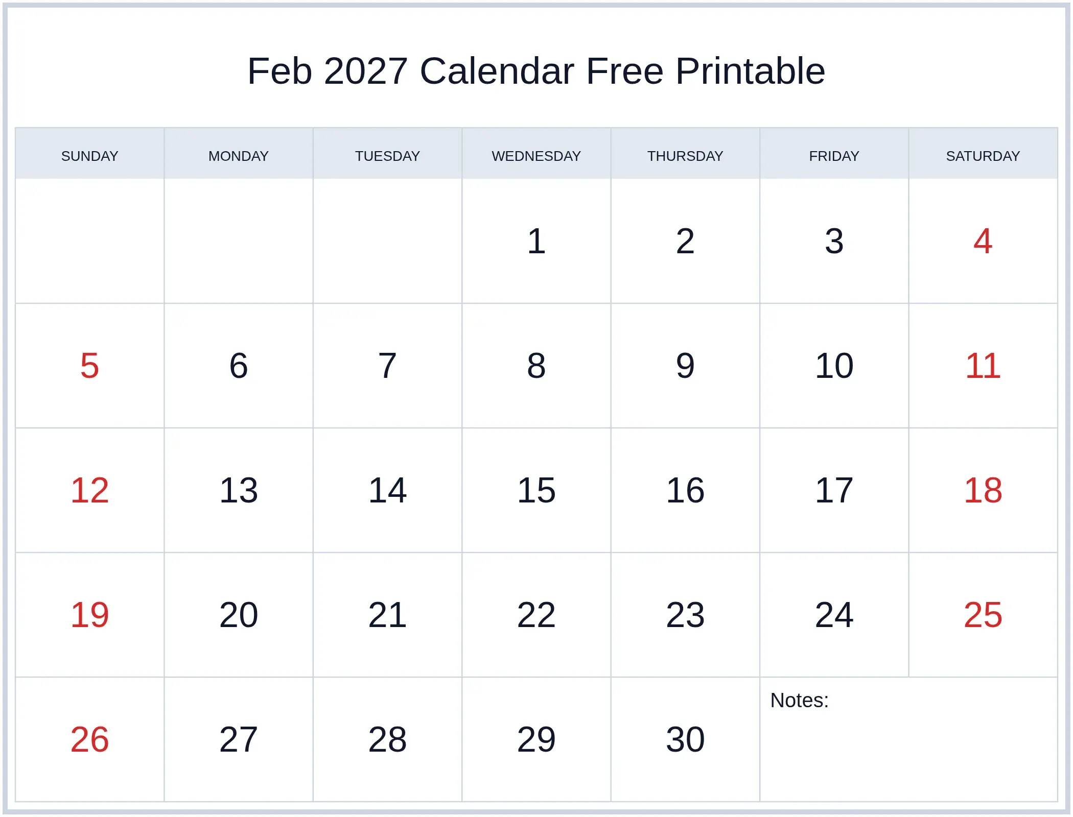 Feb 2027 Calendar Free Printable with Notes Bottom Landscape Feb 2027 Calendar Free Printable with Notes Bottom Landscape
