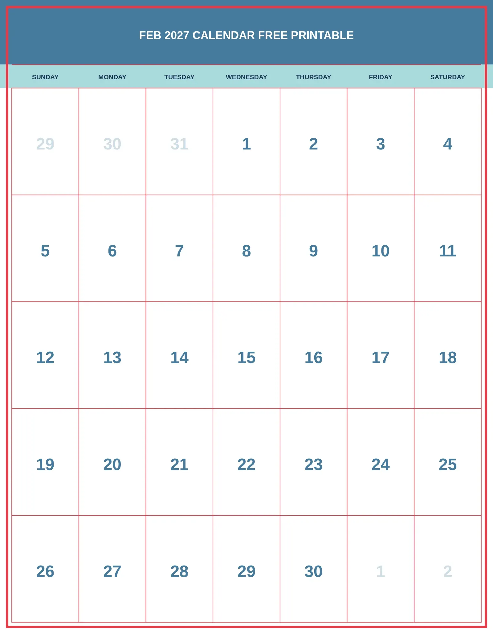 Feb 2027 Calendar Free Printable With Portrait Template Feb 2027 Calendar Free Printable With Portrait Template