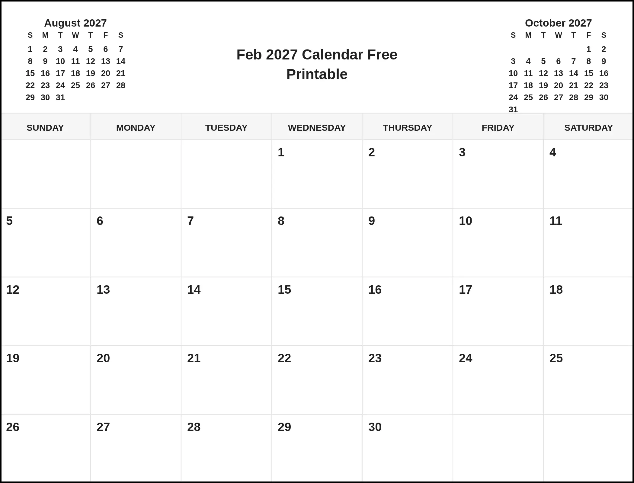 Feb 2027 Calendar Free Printable With Three Month View Feb 2027 Calendar Free Printable With Three Month View