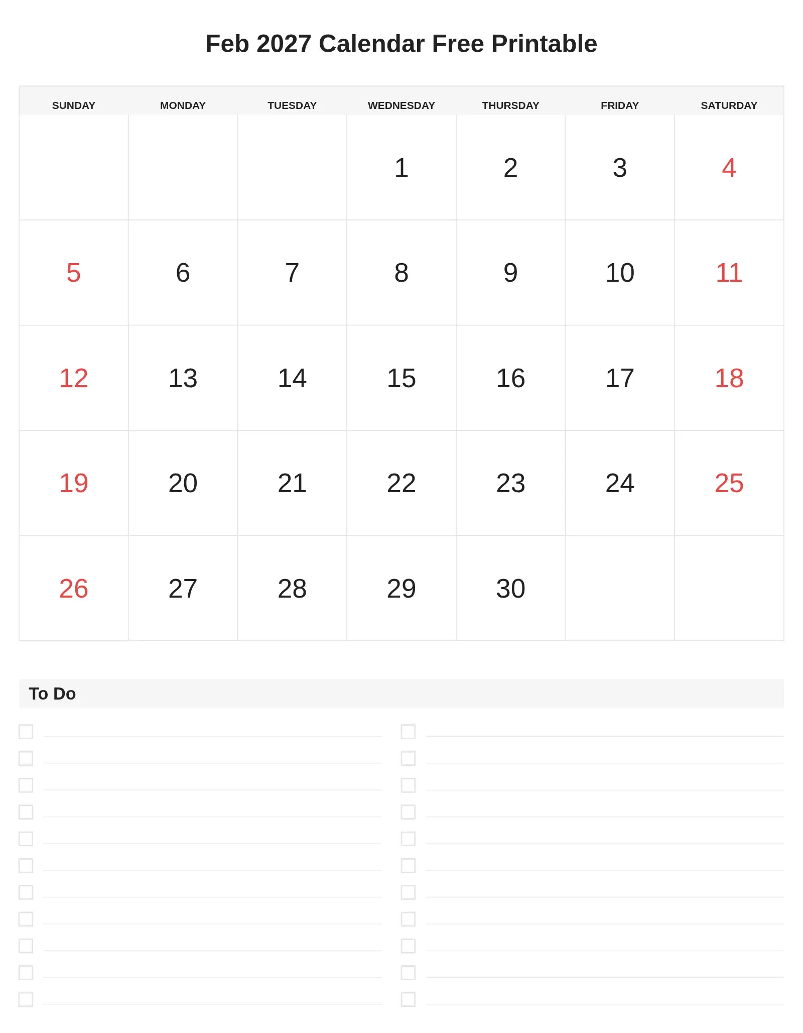 Feb 2027 Calendar Free Printable With To Do List Bottom Portrait Feb 2027 Calendar Free Printable With To Do List Bottom Portrait