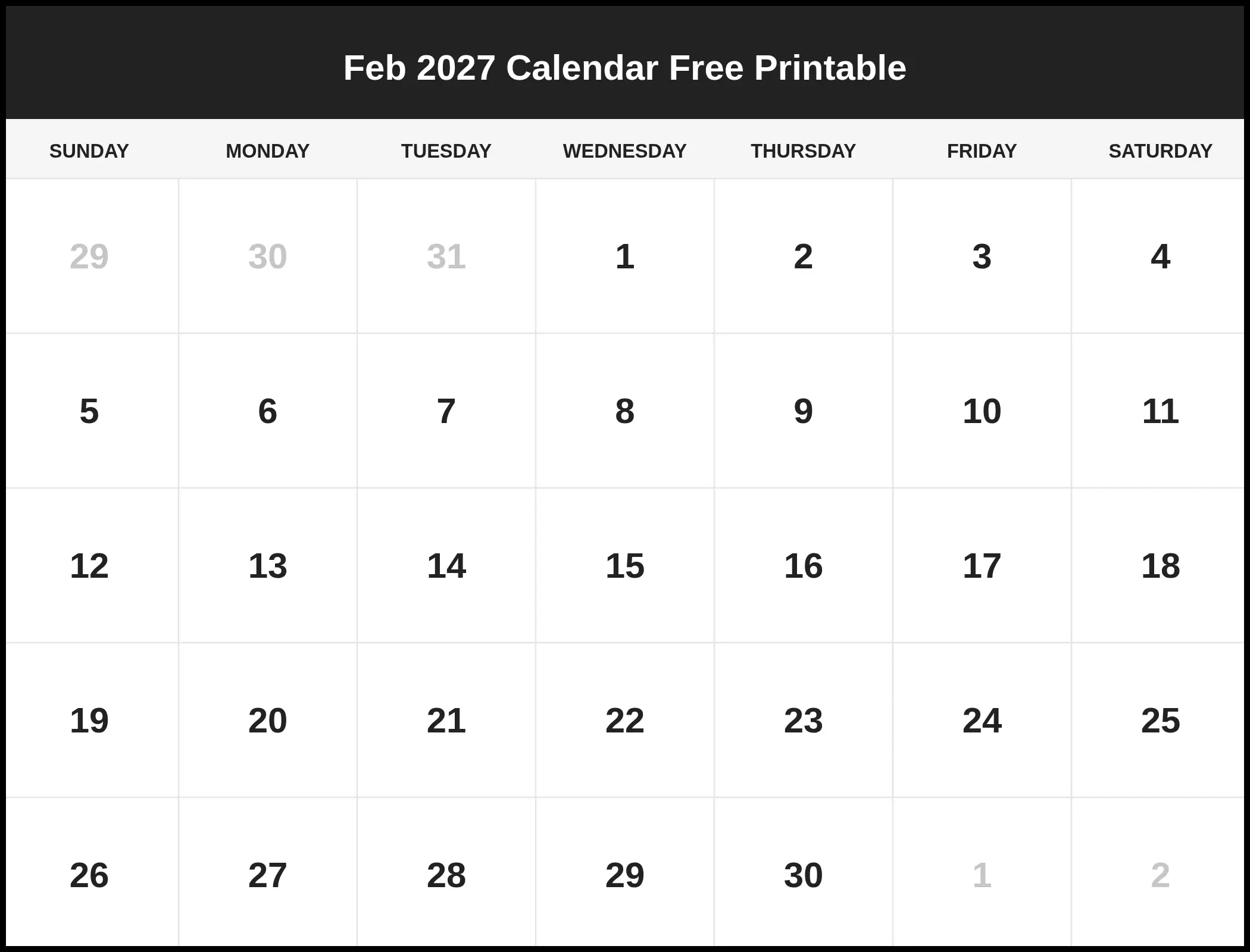 Feb 2027 Calendar Free Printable
