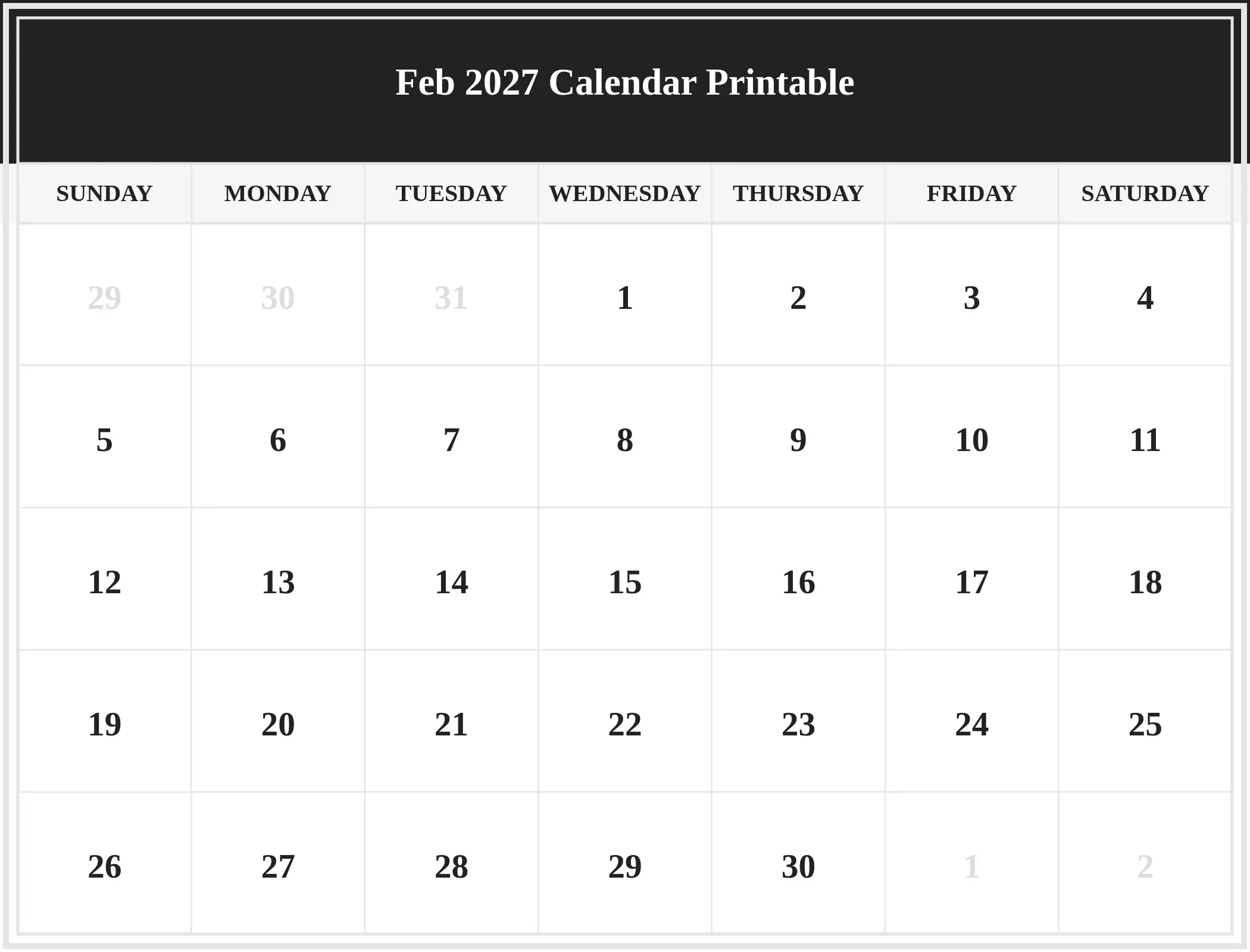 Feb 2027 Calendar Printable Download Landscape Feb 2027 Calendar Printable Download Landscape