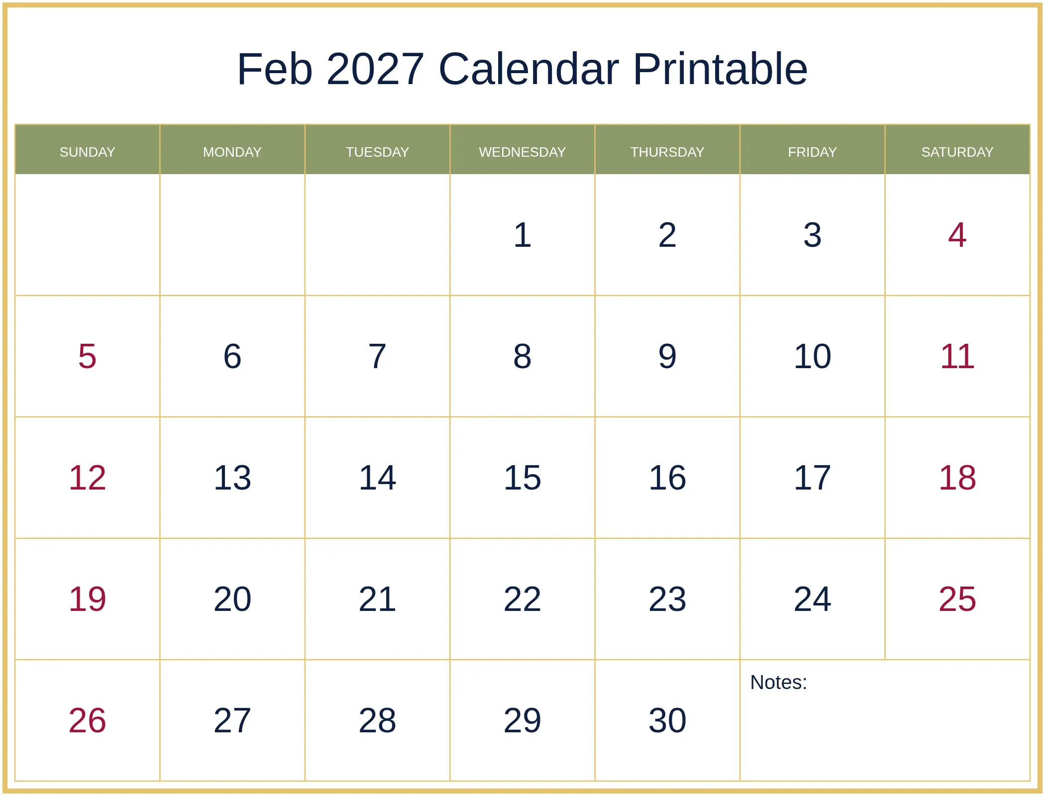 Feb 2027 Calendar Printable with Notes Bottom Landscape Feb 2027 Calendar Printable with Notes Bottom Landscape