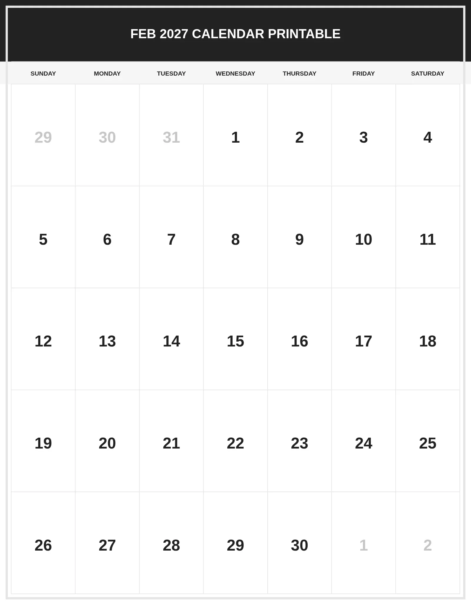 Feb 2027 Calendar Printable With Portrait Template Feb 2027 Calendar Printable With Portrait Template