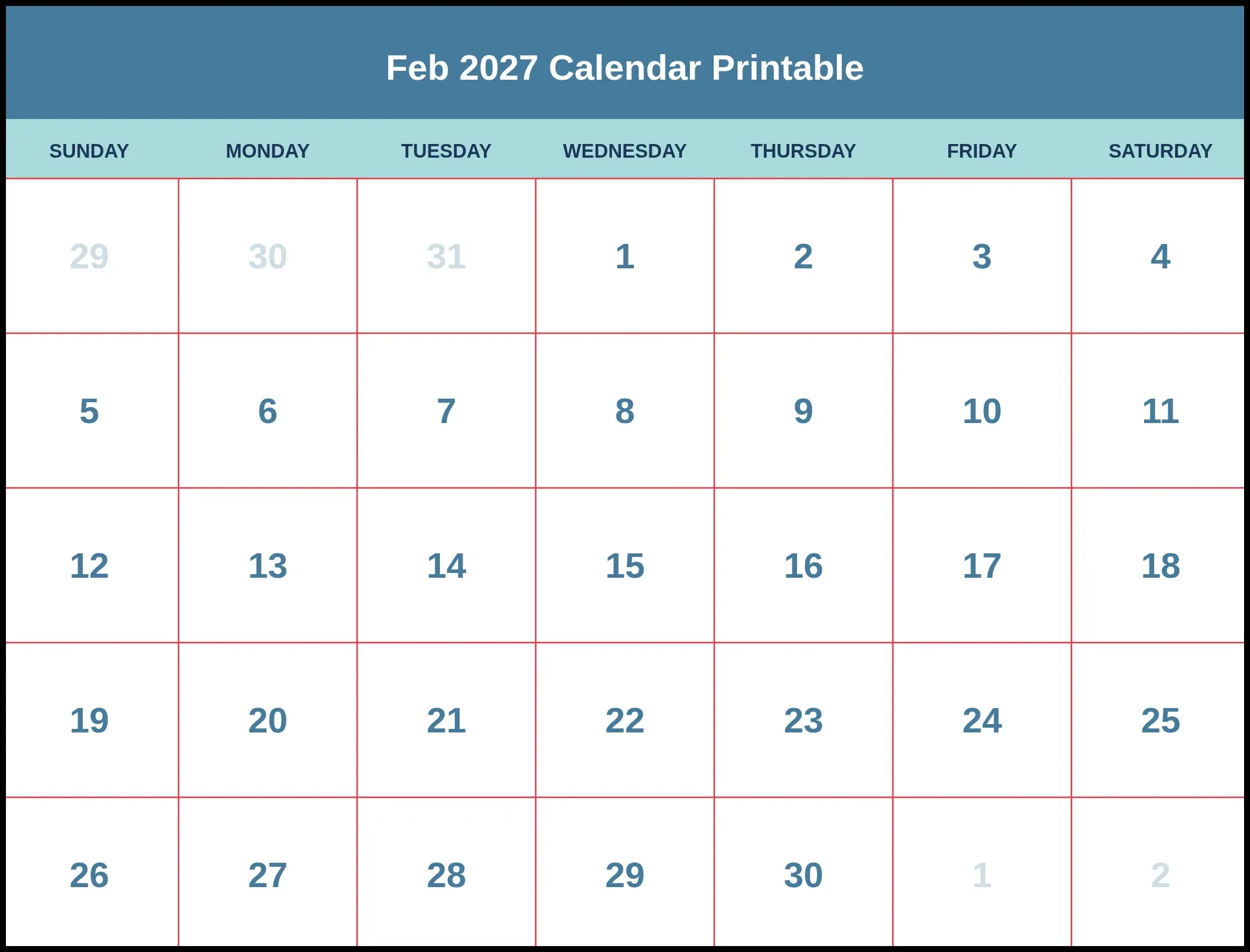 Feb 2027 Calendar Printable