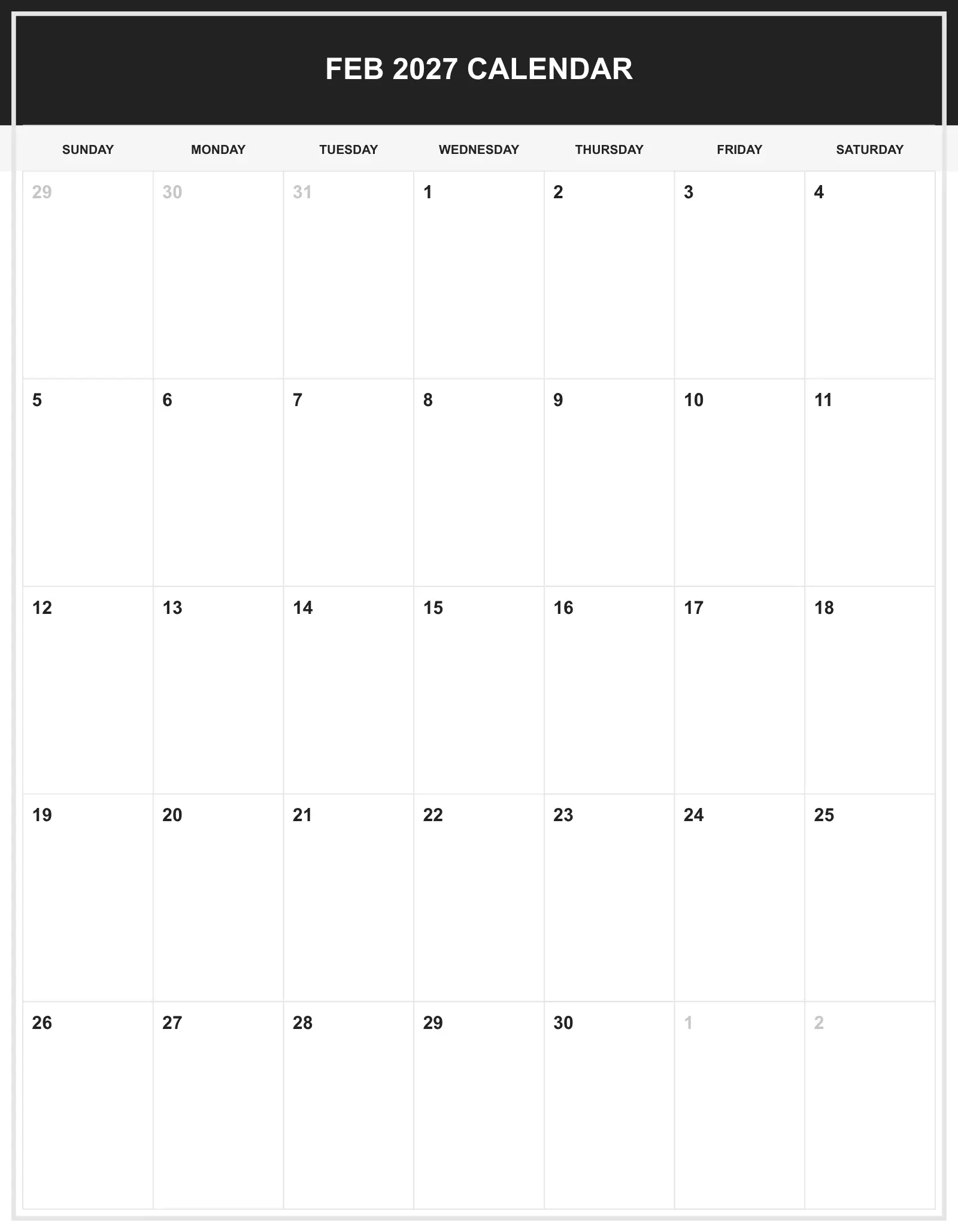 Feb 2027 Calendar With Portrait Template
